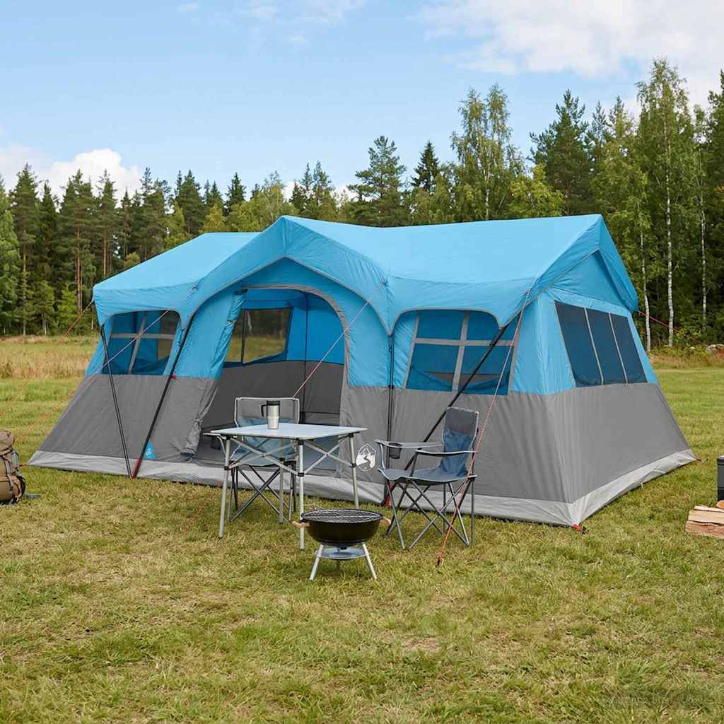 Gezinstent met dak Blauw 487 x 340 x 216 cm Polyester en staal – afbeelding 1