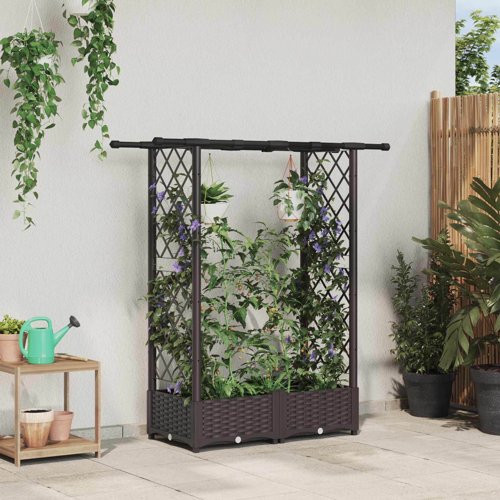 Verhoogd Bed met Trellis en Dak Bruin 122,5 x 40 x 121 cm PP – afbeelding 1