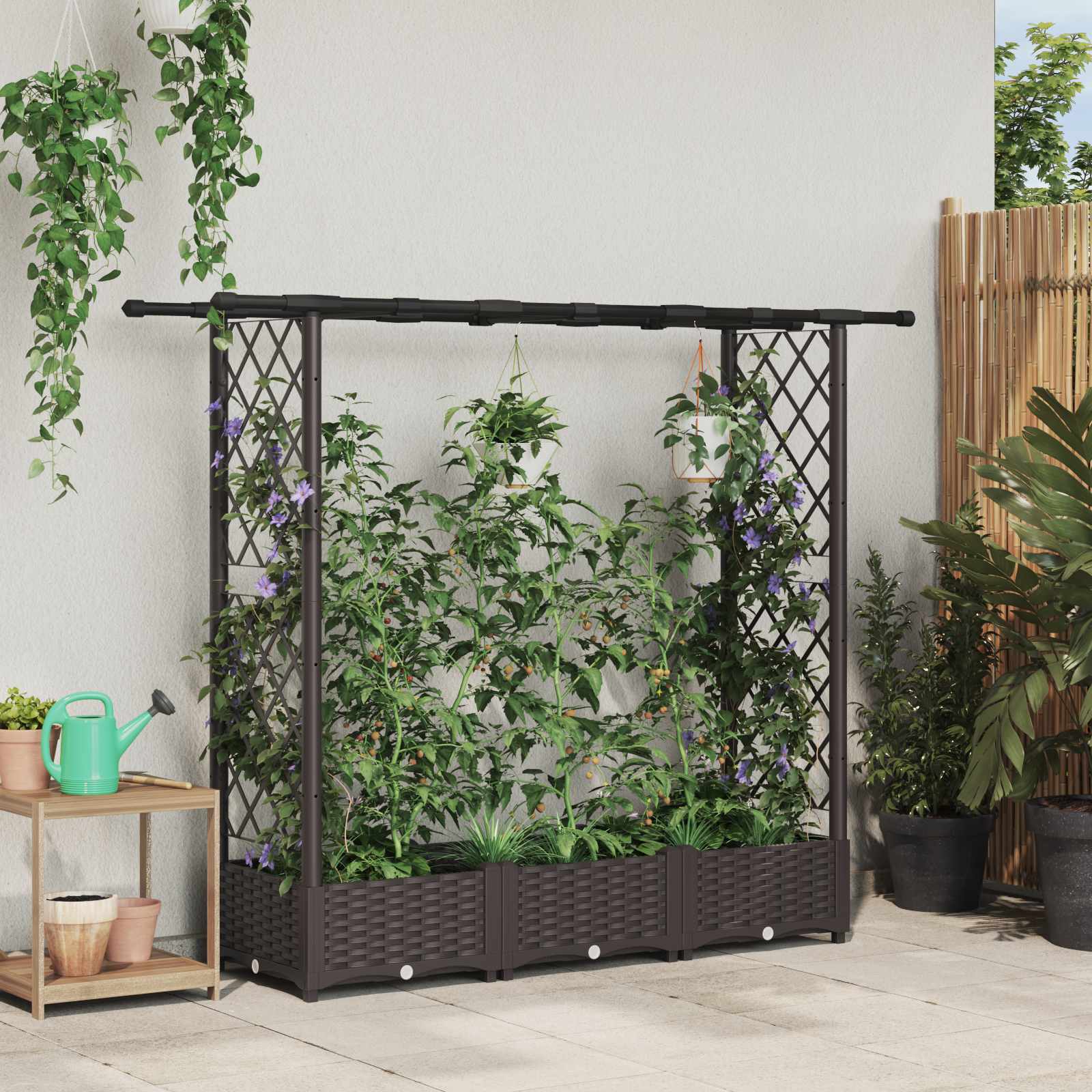 Verhoogd Bed met Trellis en Dak Bruin 164 x 40 x 121 cm PP