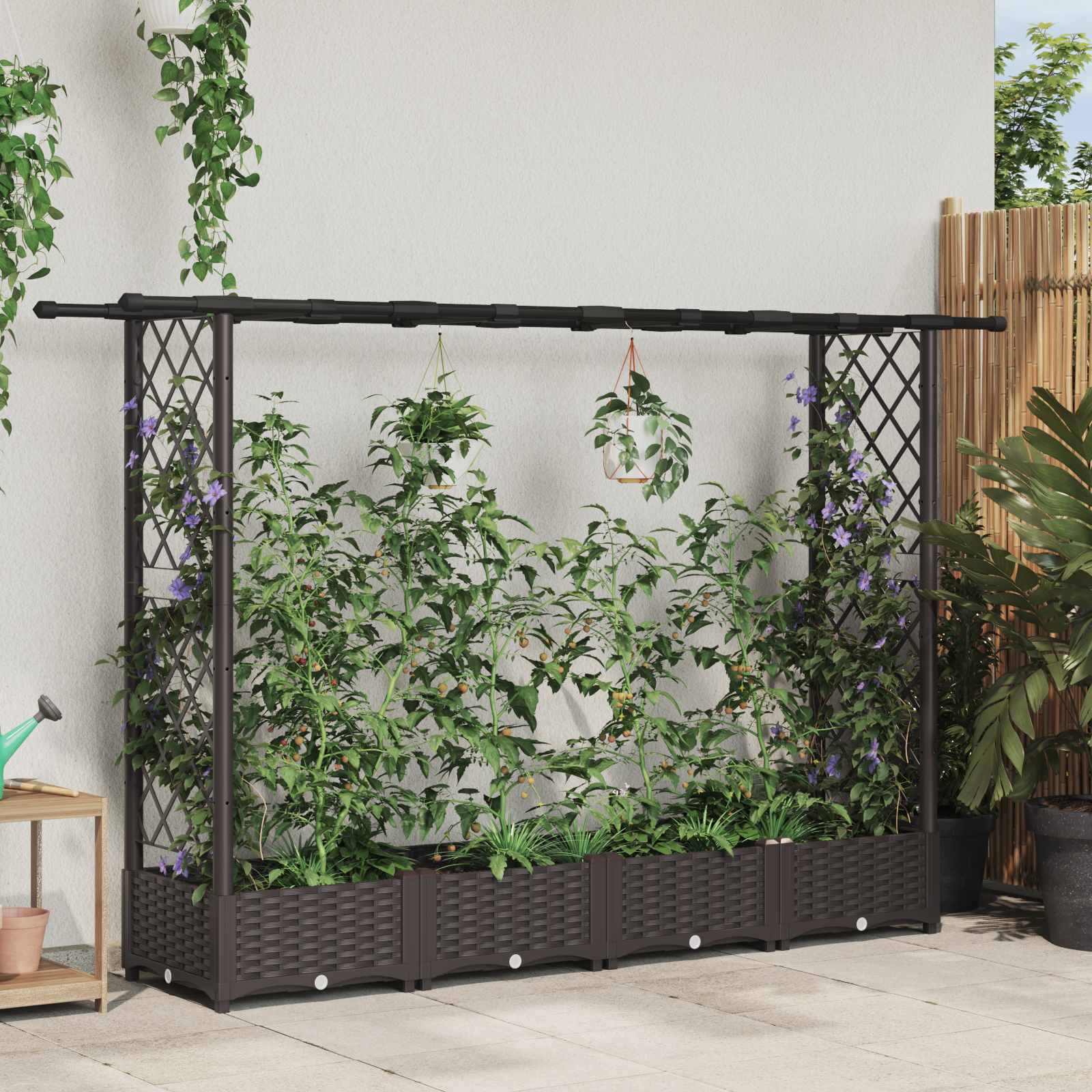 Verhoogd Bed met Trellis en Dak Bruin 203 x 40 x 121 cm PP