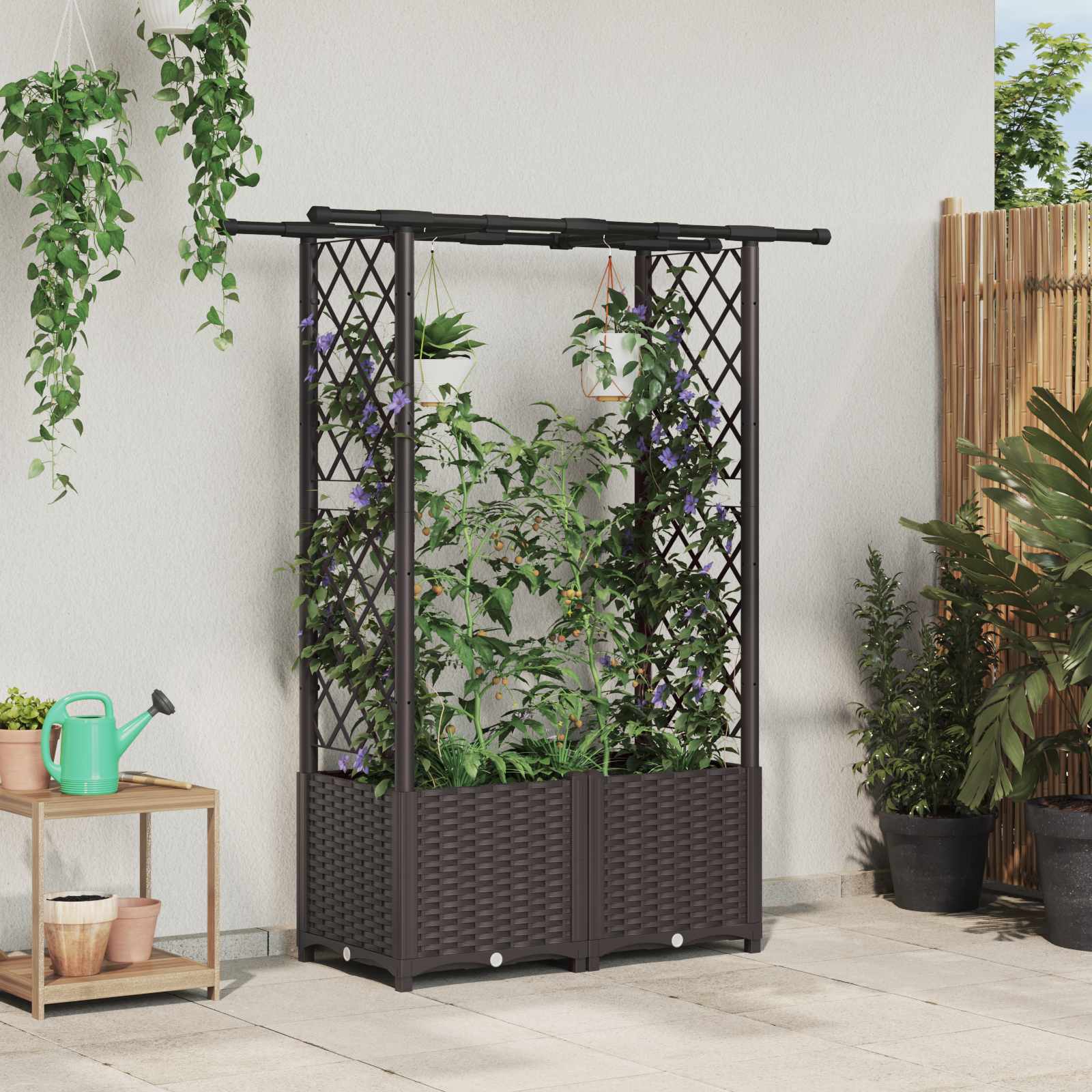 Verhoogd Bed met Trellis en Dak Bruin 124,5 x 40 x 136 cm PP