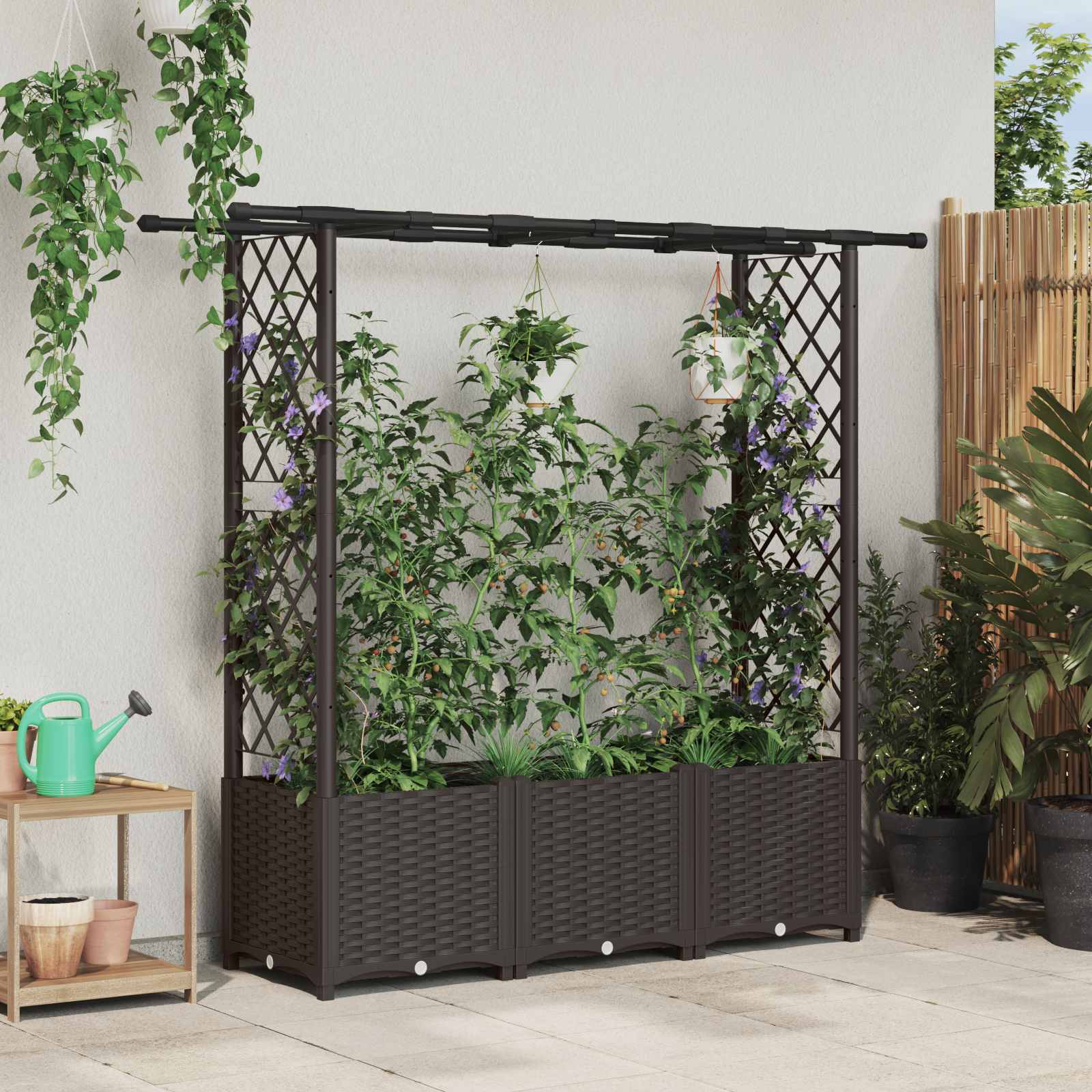 Verhoogd Bed met Trellis en Dak Bruin 162,5 x 40 x 136 cm PP
