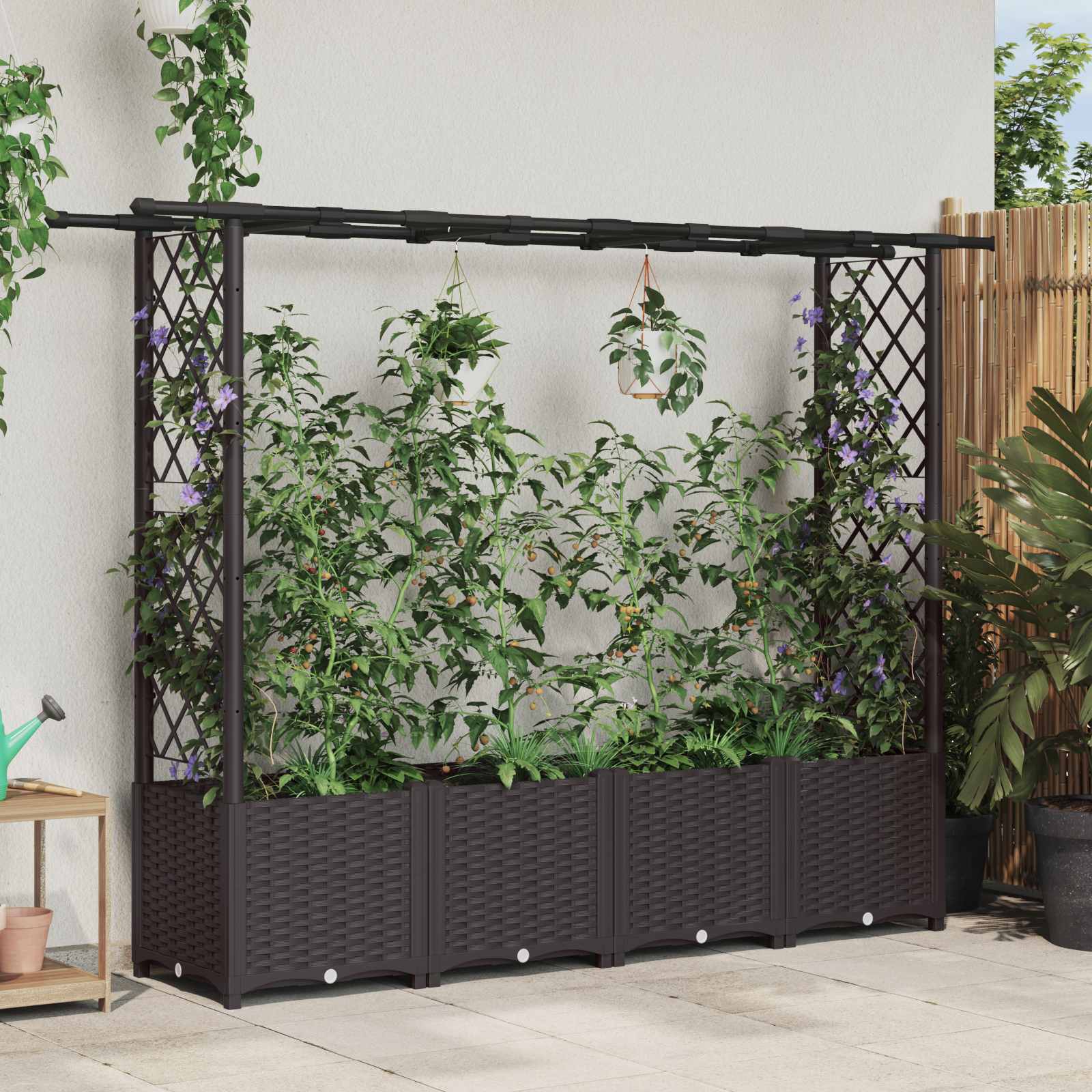 Verhoogd Bed met Trellis en Dak Bruin 203 x 40 x 136 cm PP