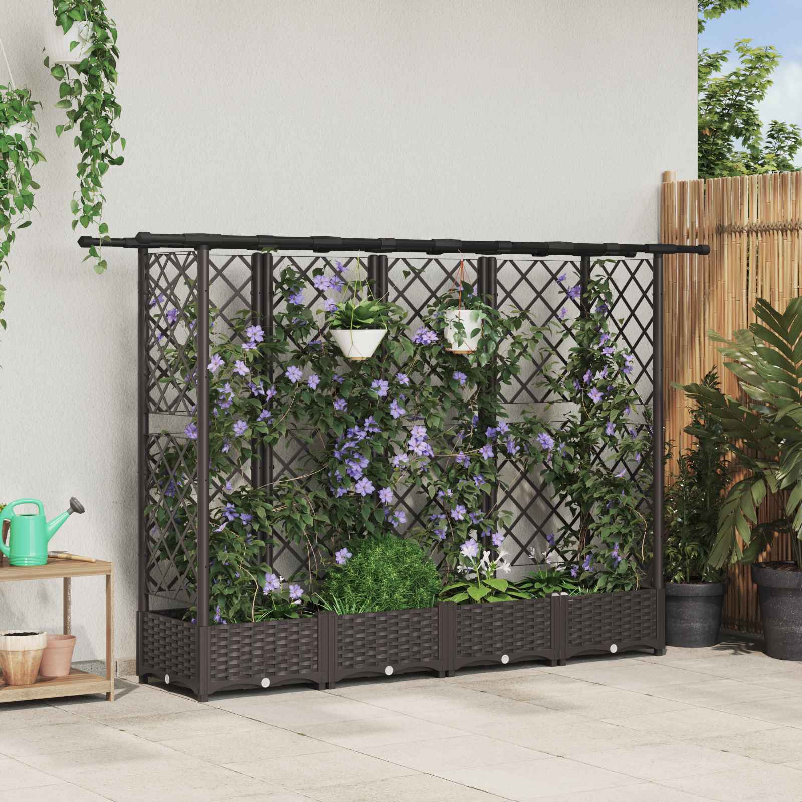 Verhoogd Bed met Trellis en Dak Bruin 202,5 x 40 x 121 cm PP