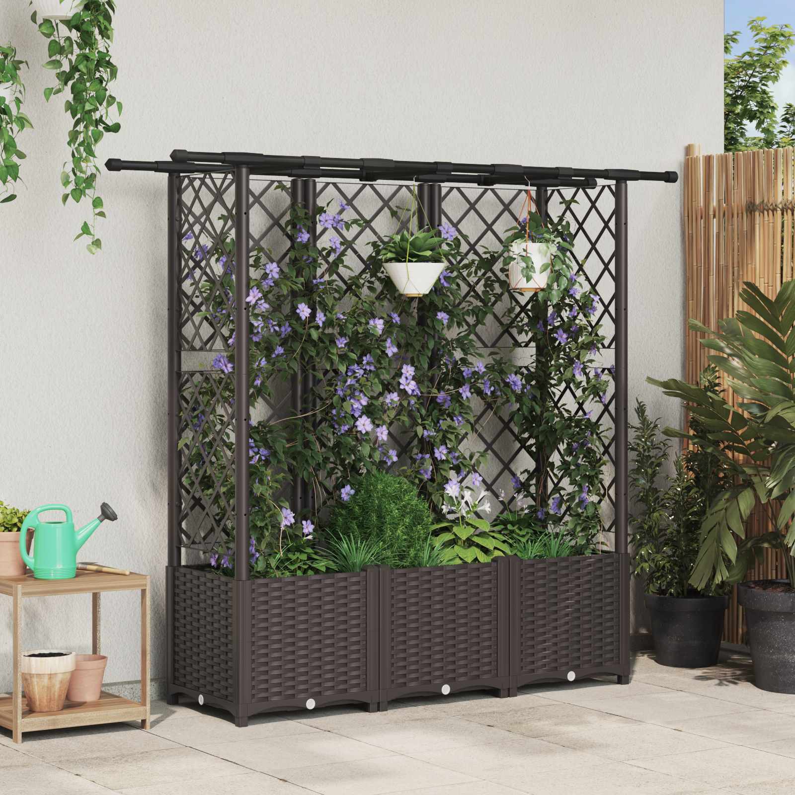 Verhoogd Bed met Trellis en Dak Bruin 163,5 x 40 x 136 cm PP