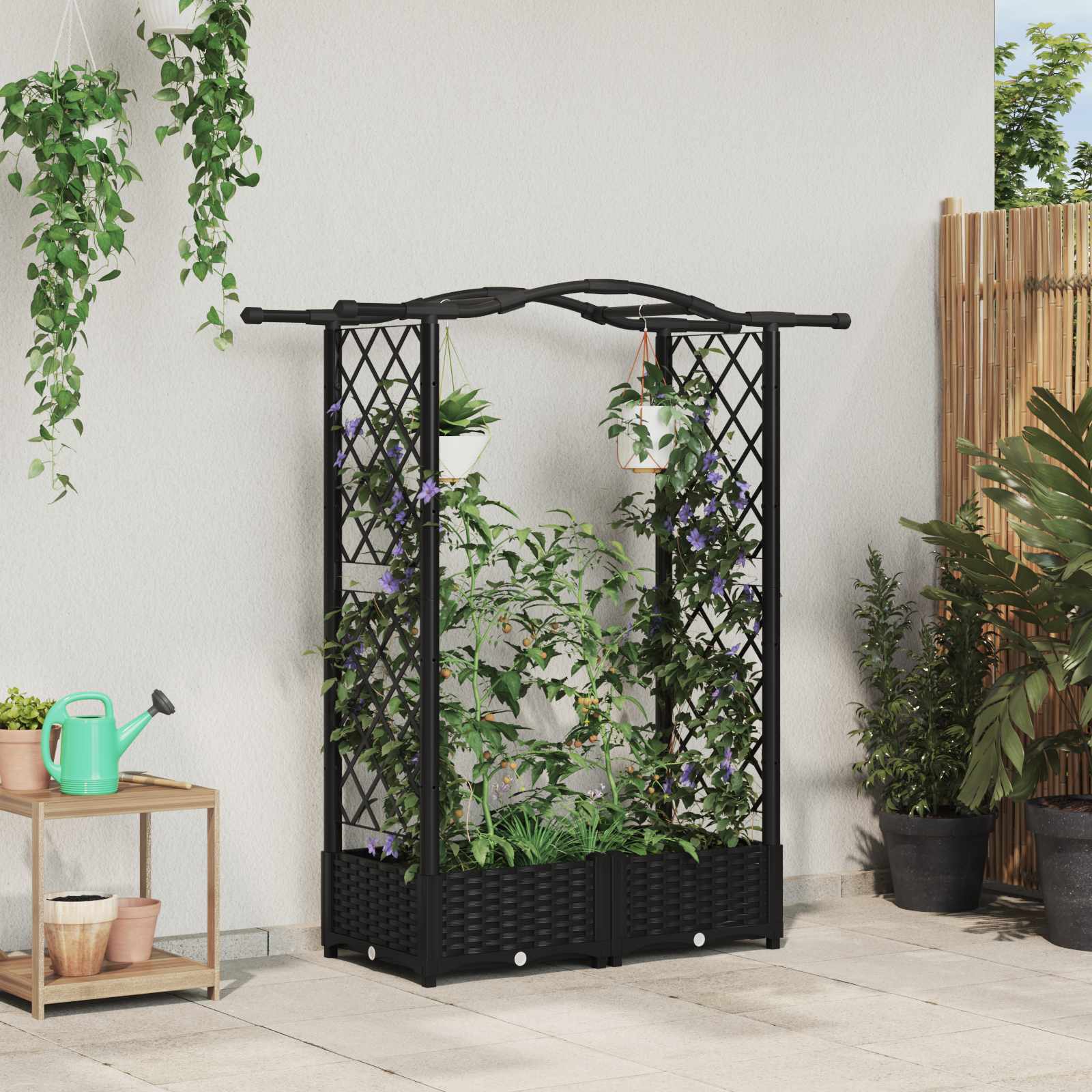 Verhoogd Bed met Trellis en Dak Zwart 124 x 40 x 123 cm PP