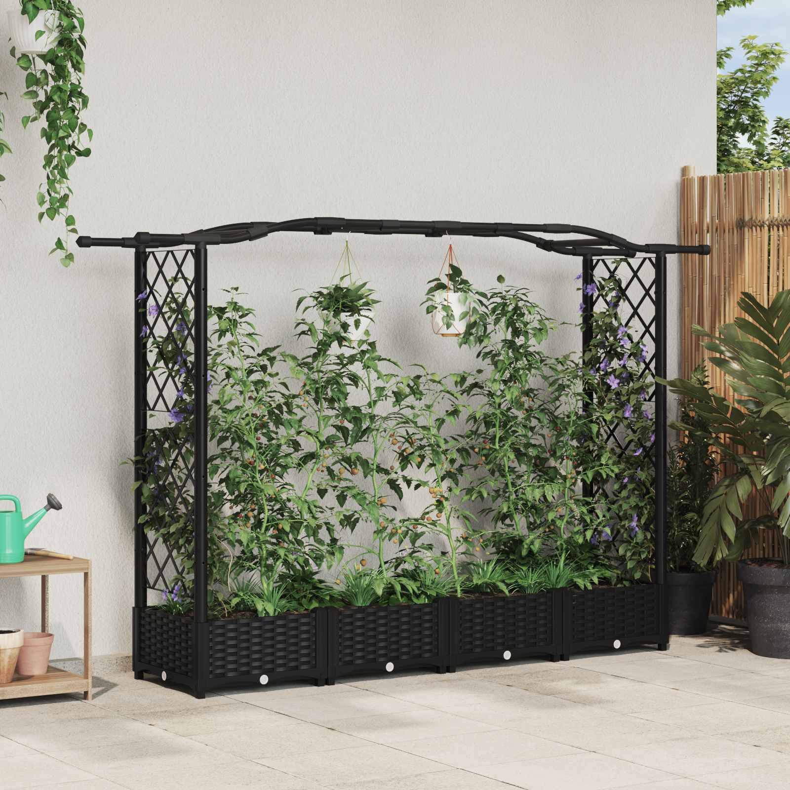 Verhoogd Bed met Trellis en Dak Zwart 207 x 40 x 123 cm PP