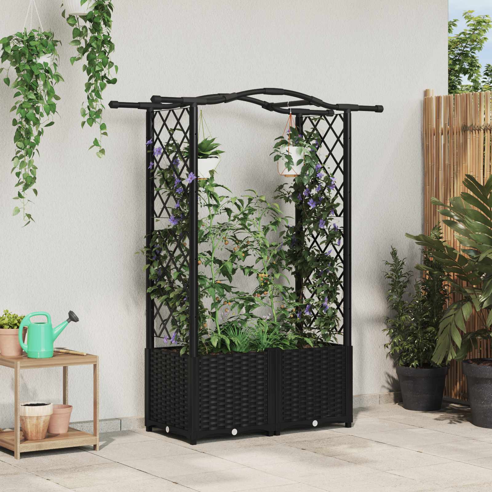 Verhoogd Bed met Trellis en Dak Zwart 125 x 40 x 138 cm PP