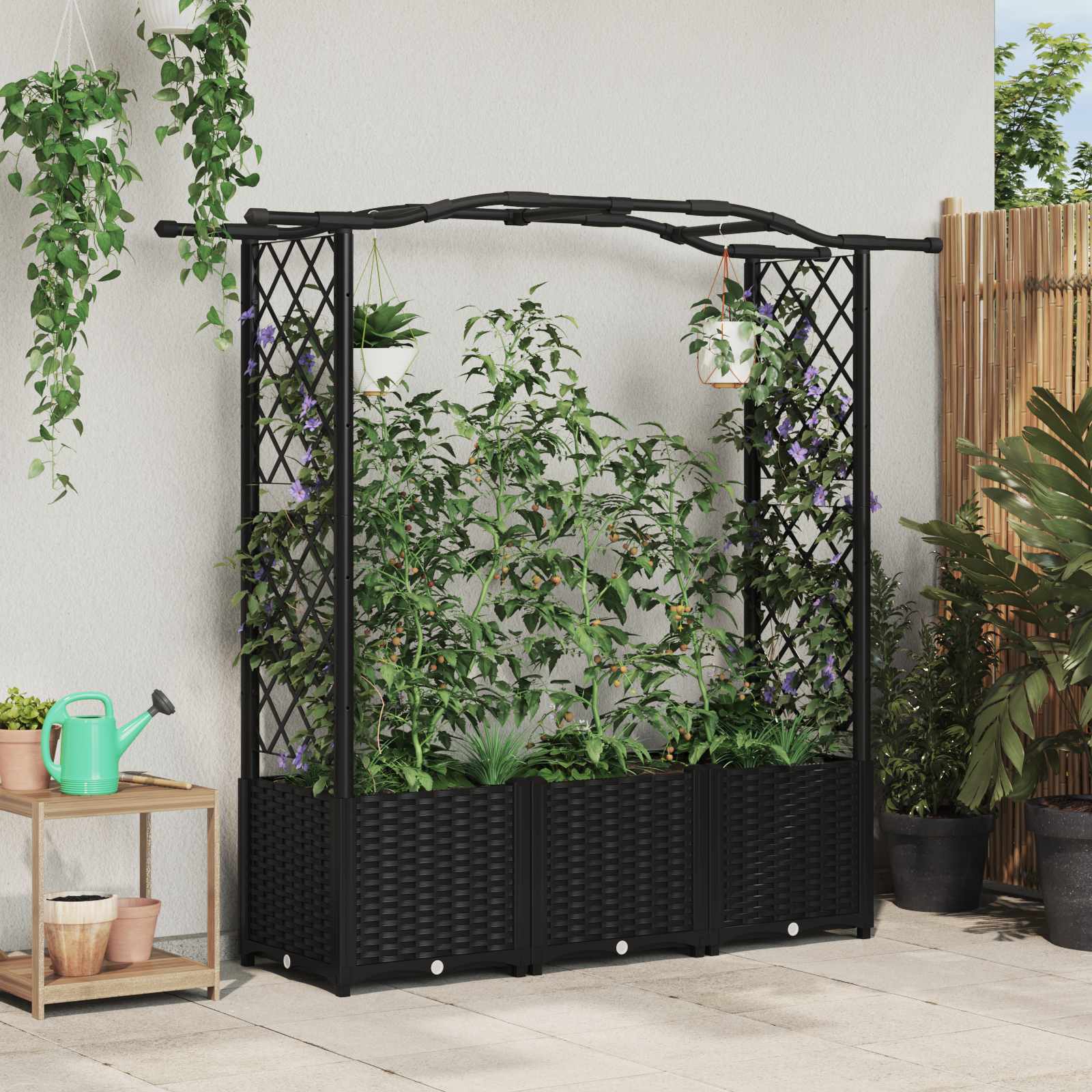 Verhoogd Bed met Trellis en Dak Zwart 164 x 40 x 138 cm PP