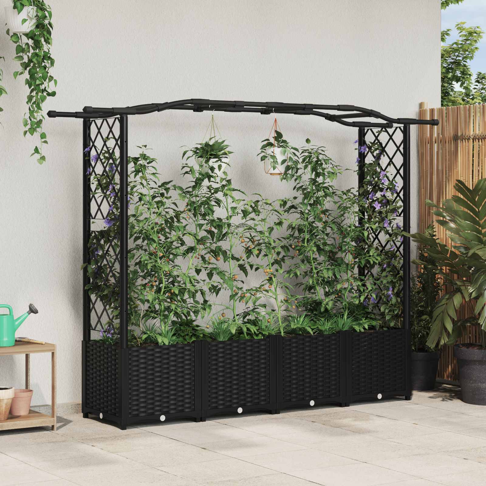 Verhoogd Bed met Trellis en Dak Zwart 204 x 40 x 138 cm PP