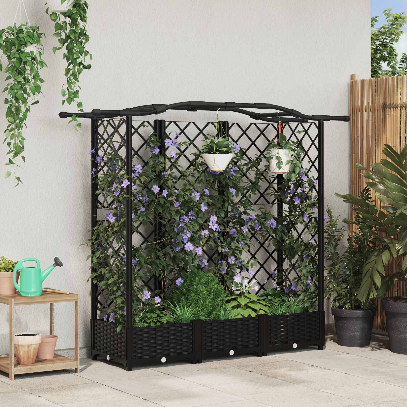 Verhoogd Bed met Trellis en Dak Zwart 163 x 40 x 126 cm PP