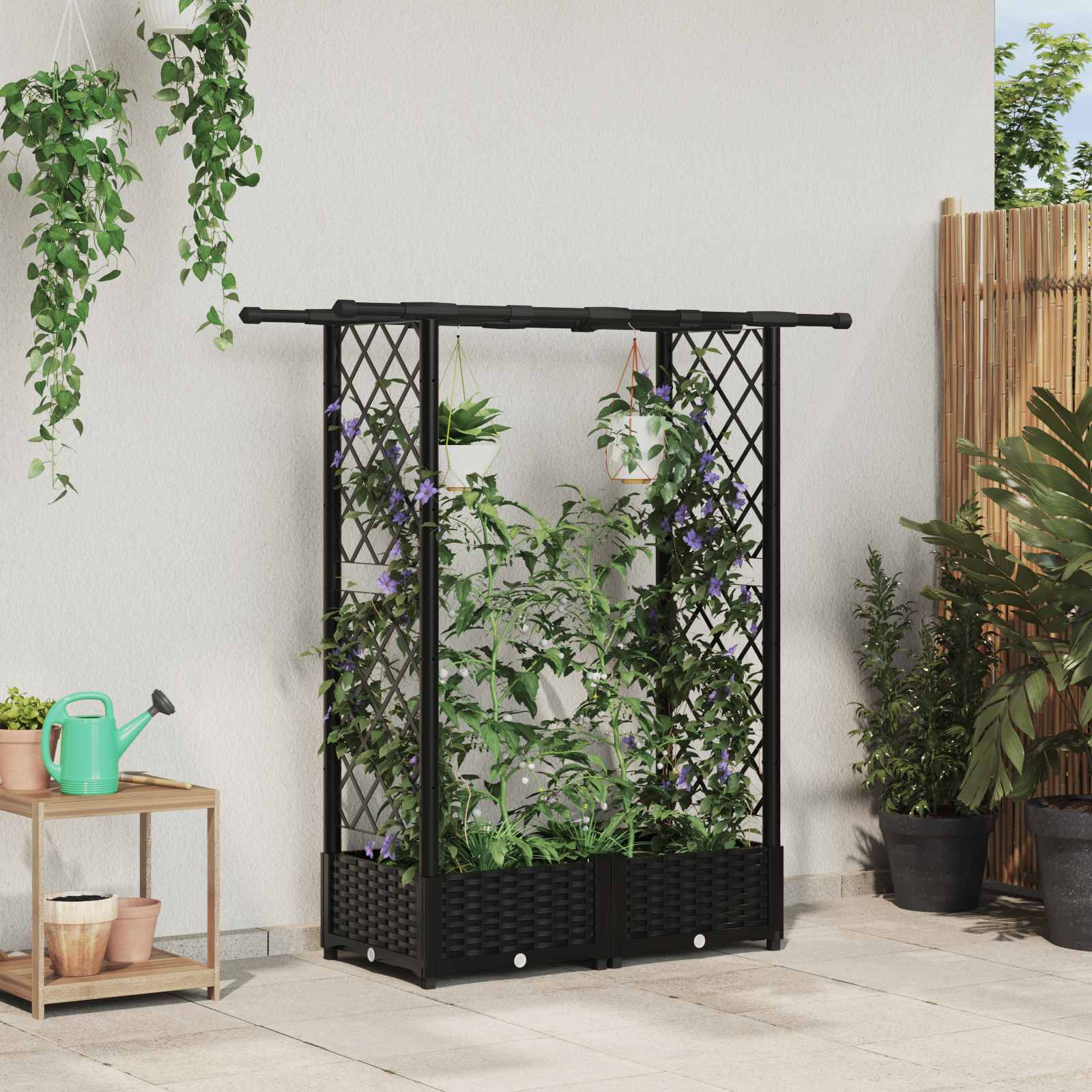 Verhoogd Bed met Trellis en Dak Zwart 122,5 x 40 x 121 cm PP – afbeelding 1