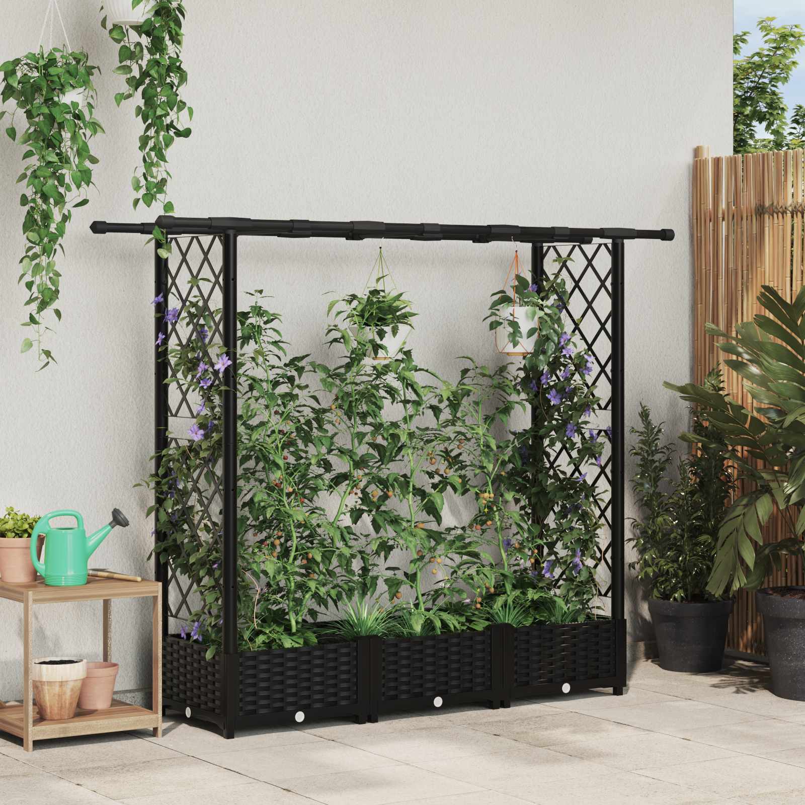 Verhoogd Bed met Trellis en Dak Zwart 164 x 40 x 121 cm PP