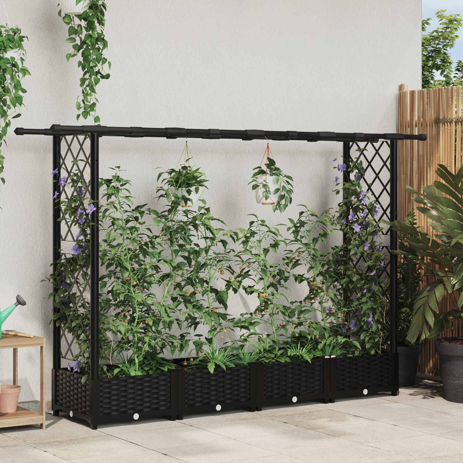 Verhoogd Bed met Trellis en Dak Zwart 203 x 40 x 121 cm PP