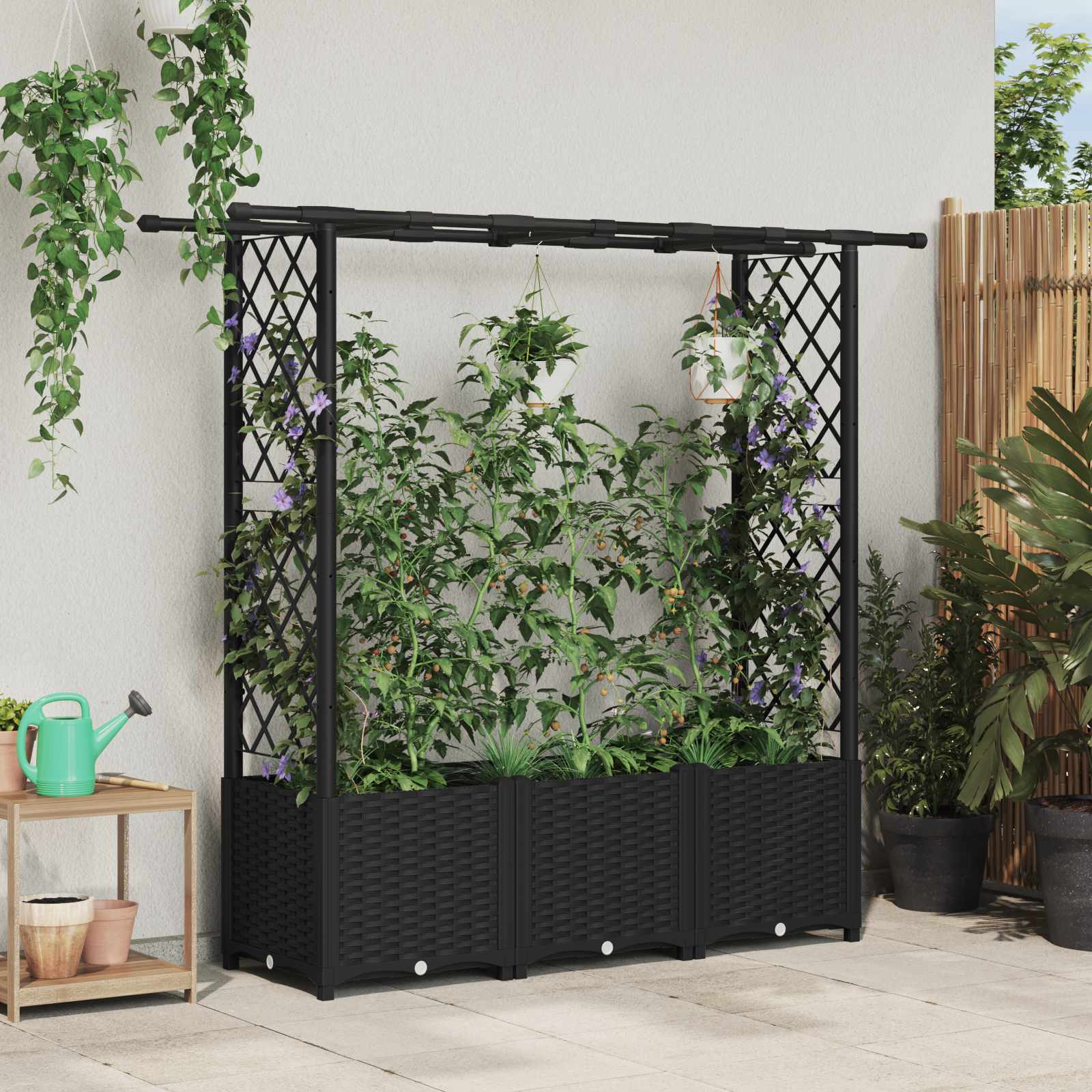 Verhoogd Bed met Trellis en Dak Zwart 162,5 x 40 x 136 cm PP