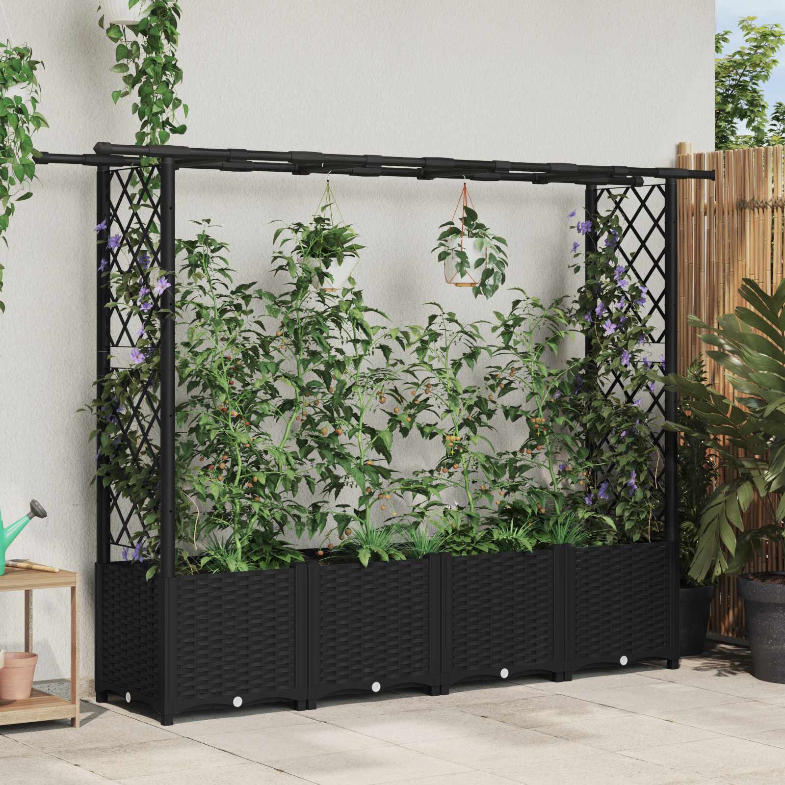 Verhoogd Bed met Trellis en Dak Zwart 203 x 40 x 136 cm PP – afbeelding 1