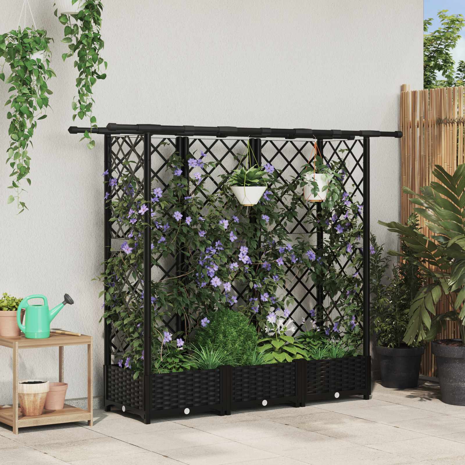 Verhoogd Bed met Trellis en Dak Zwart 164 x 40 x 121 cm PP