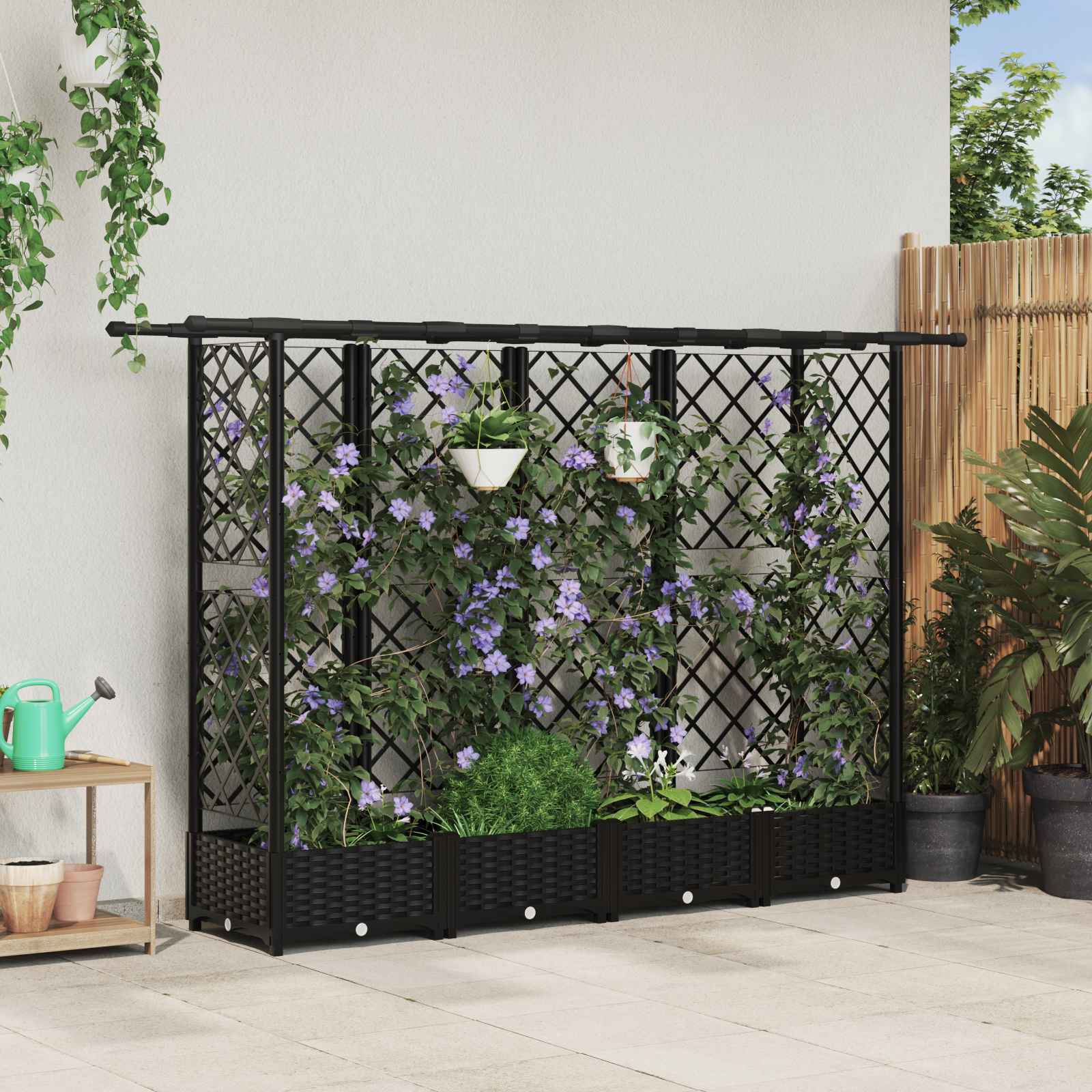 Verhoogd Bed met Trellis en Dak Zwart 202,5 x 40 x 121 cm PP