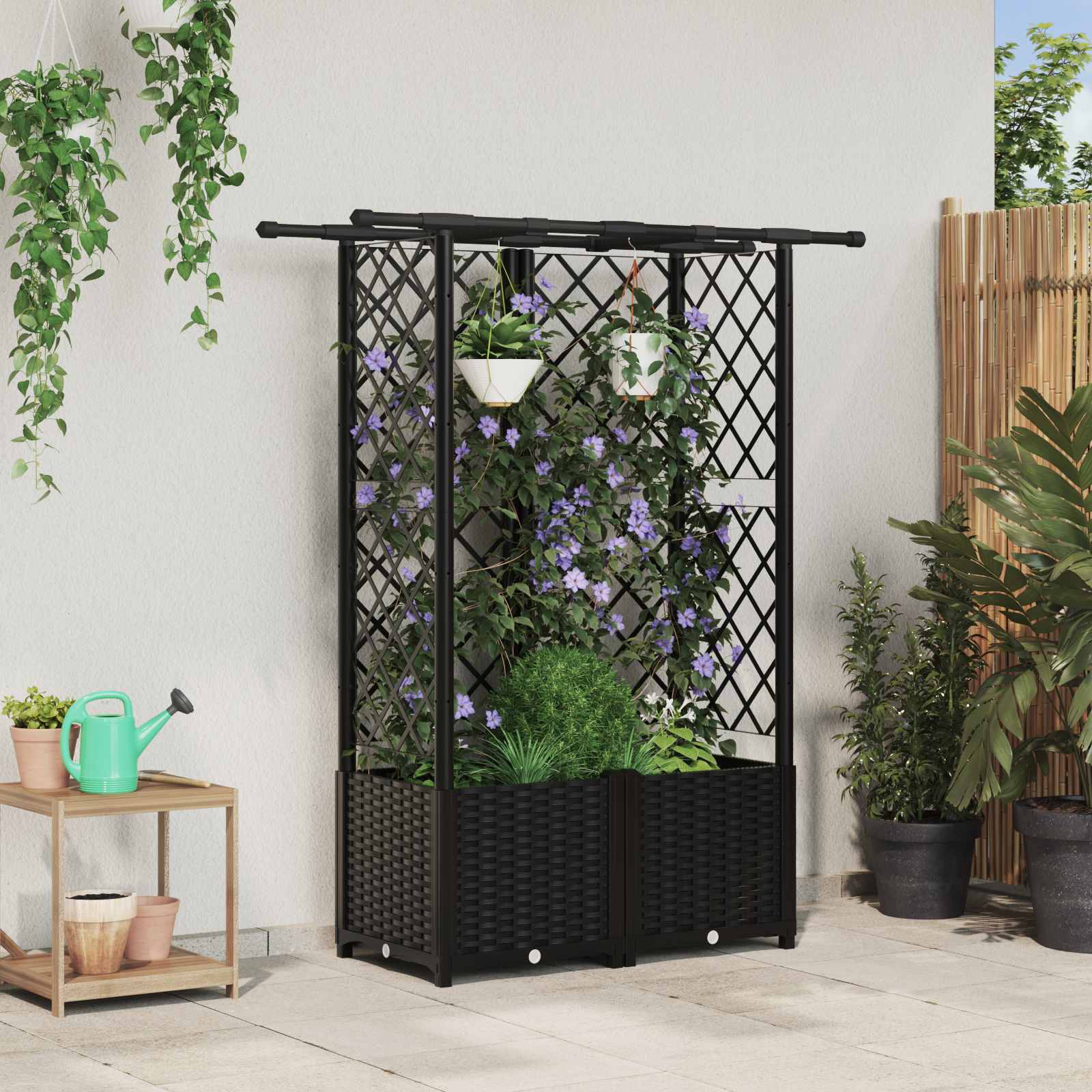 Verhoogd Bed met Trellis en Dak Zwart 124 x 40 x 136 cm PP