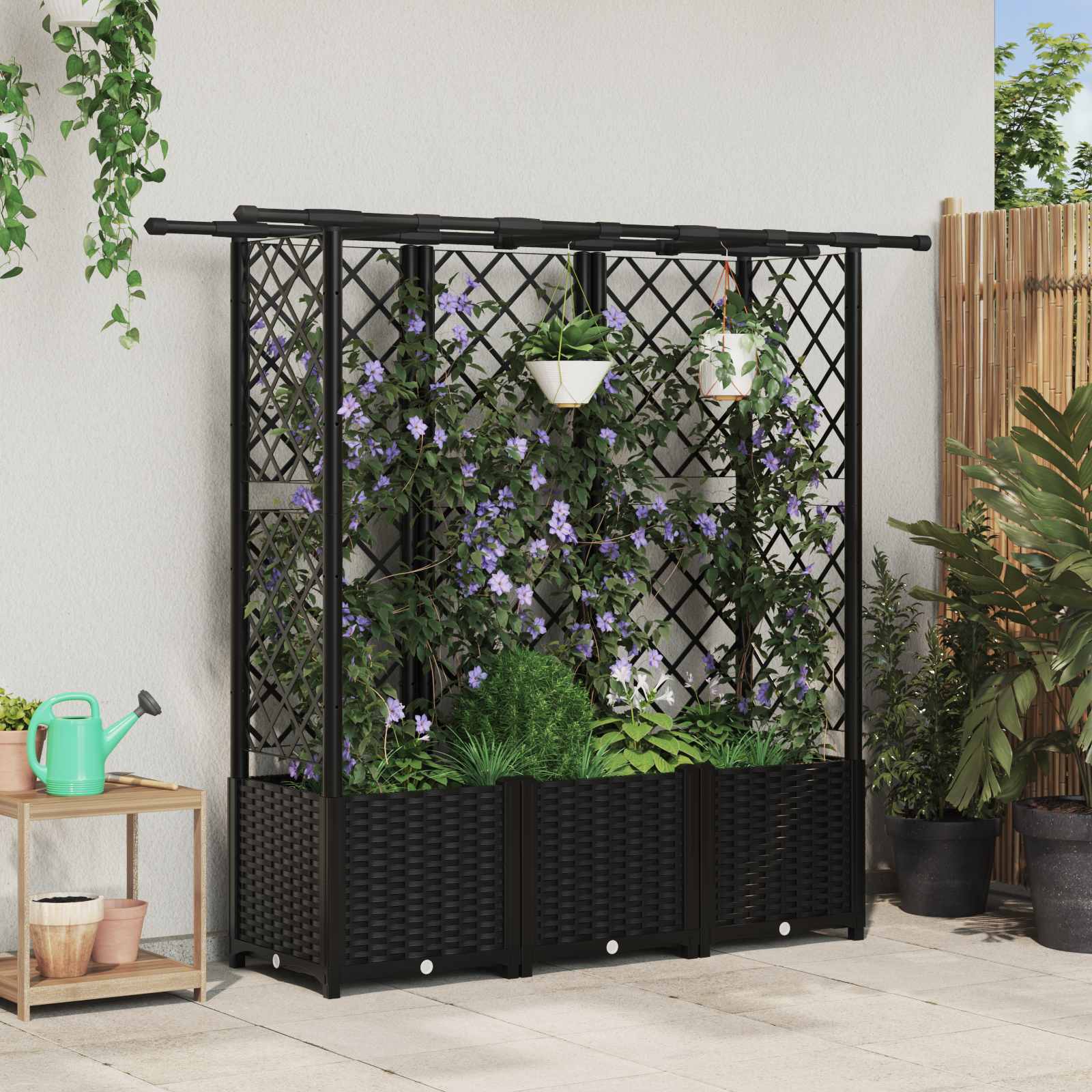 Verhoogd Bed met Trellis en Dak Zwart 163,5 x 40 x 136 cm PP – afbeelding 1