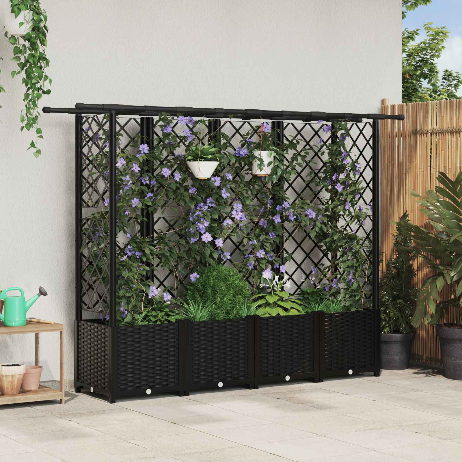 Verhoogd Bed met Trellis en Dak Zwart 202 x 40 x 136 cm PP