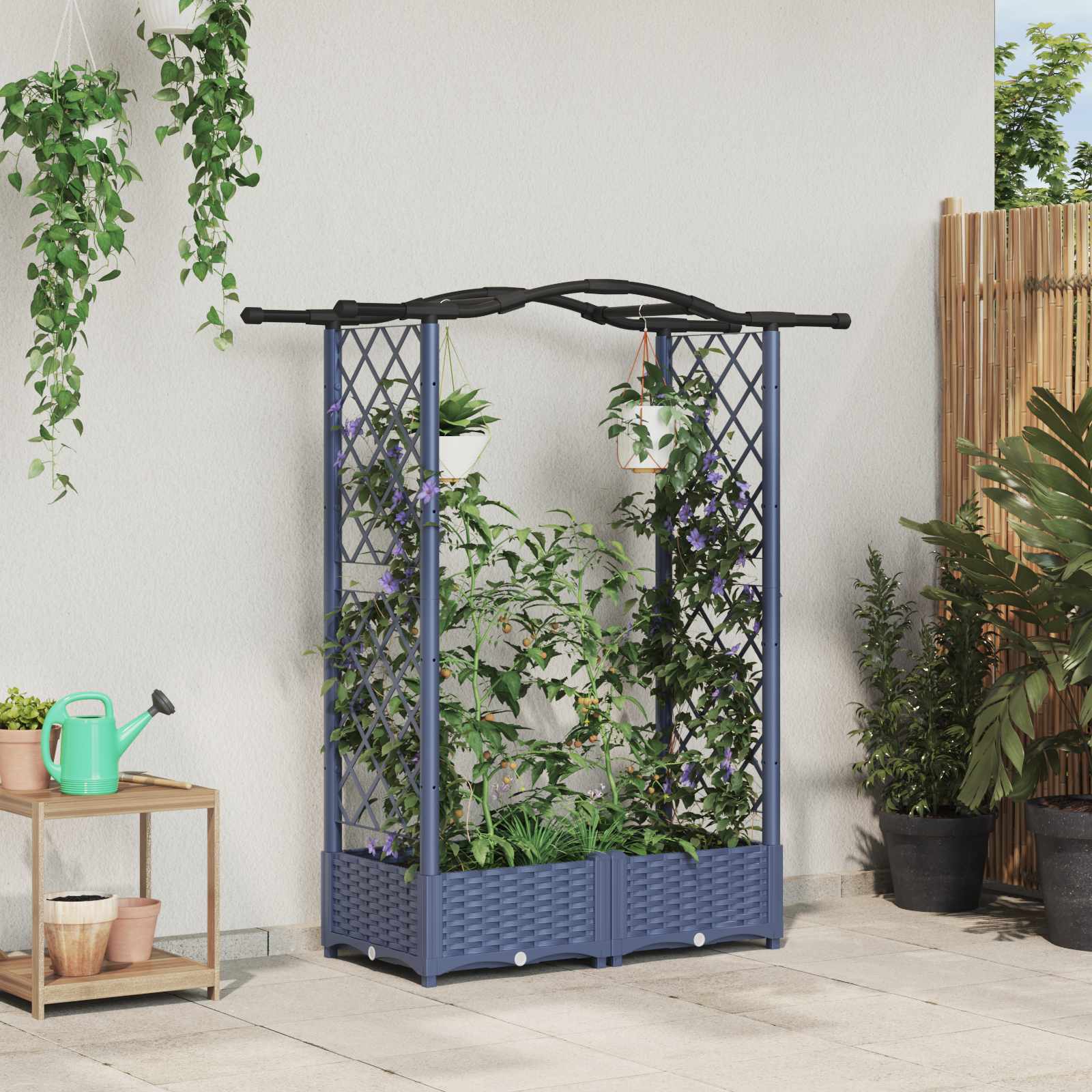 Verhoogd Bed met Trellis en Dak Grijs 124 x 40 x 123 cm PP