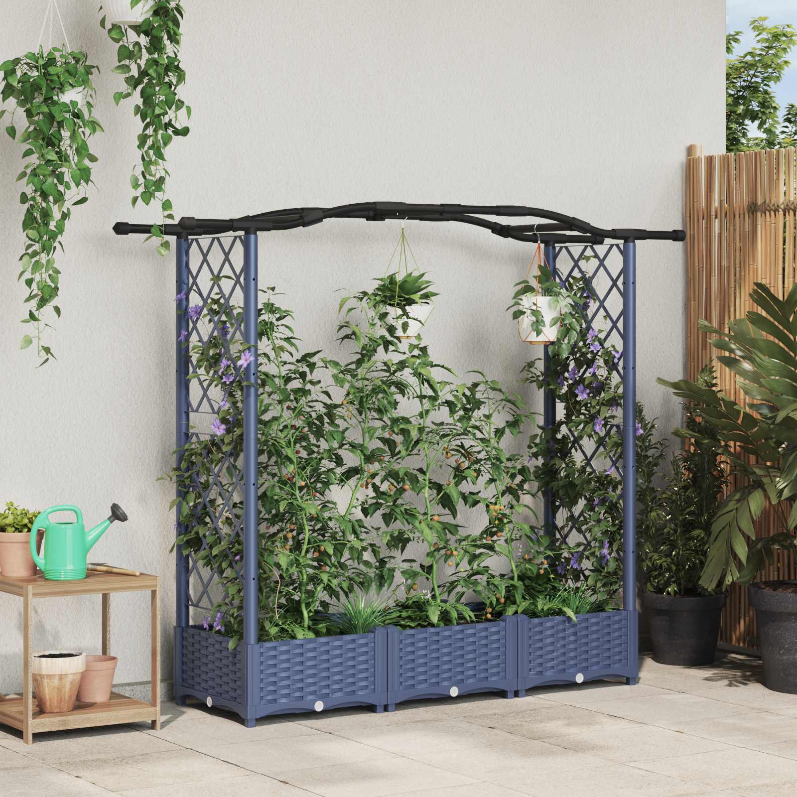 Verhoogd Bed met Trellis en Dak Grijs 169 x 40 x 123 cm PP