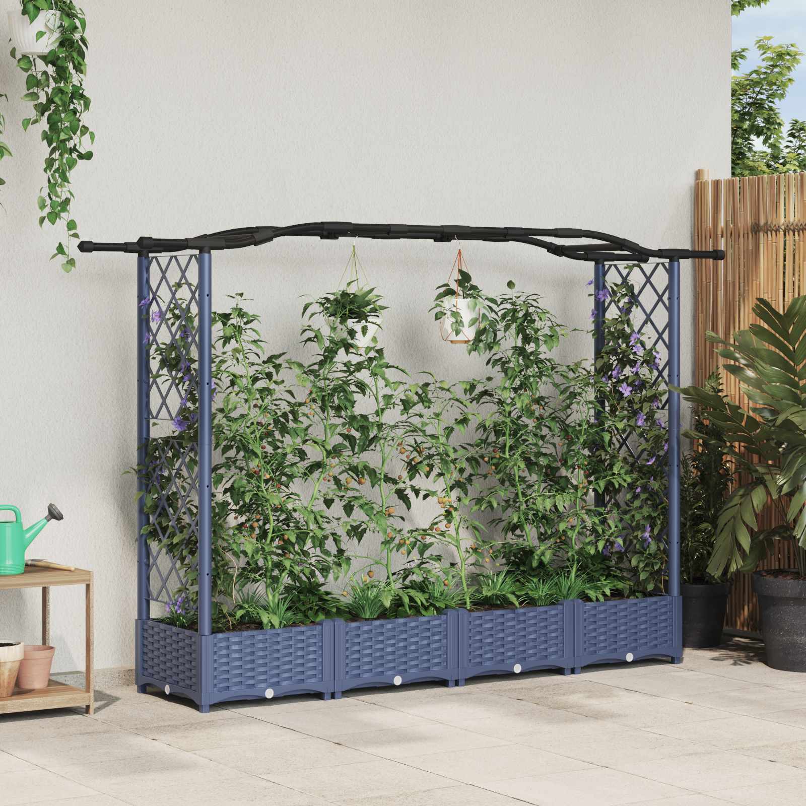 Verhoogd Bed met Trellis en Dak Grijs 207 x 40 x 123 cm PP
