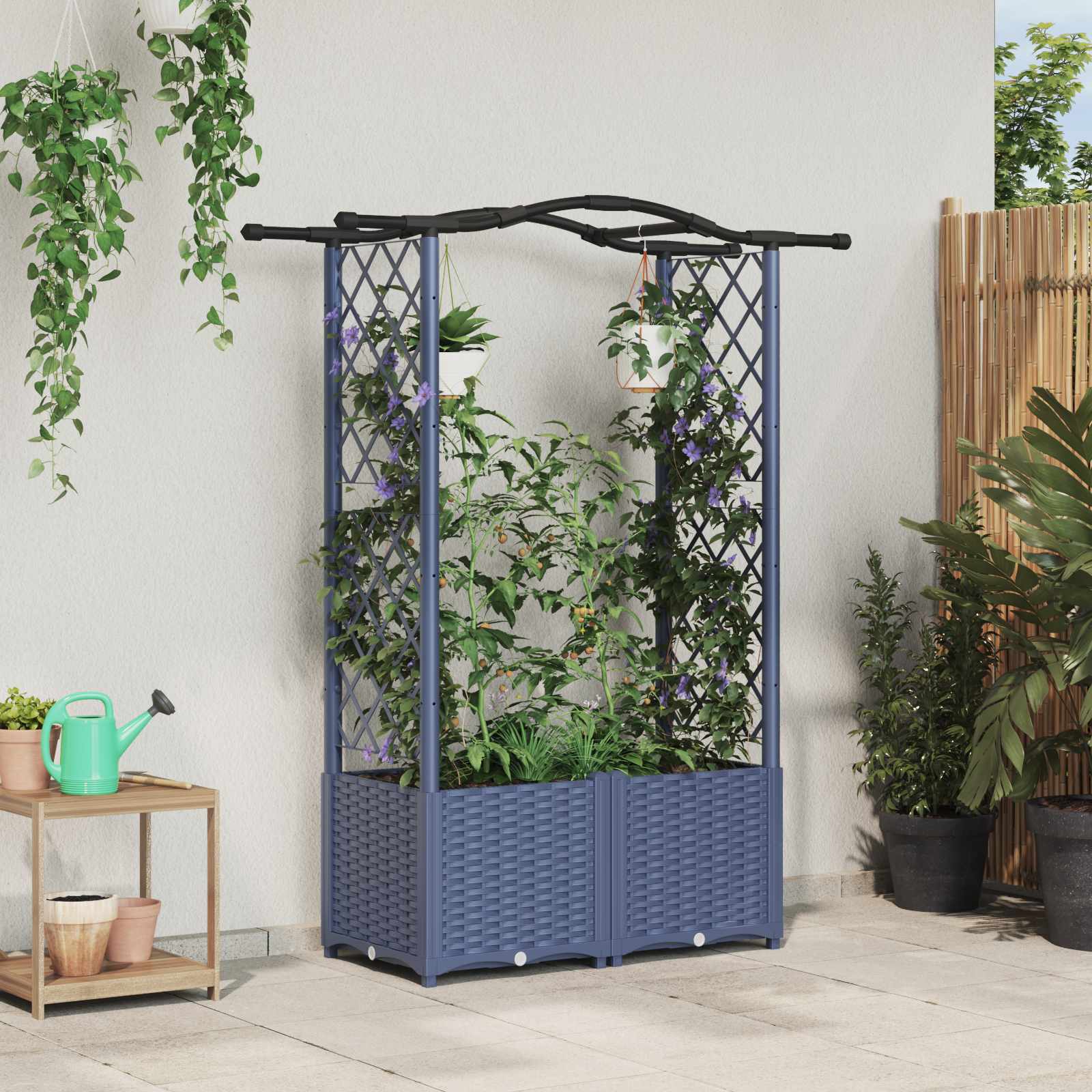 Verhoogd Bed met Trellis en Dak Grijs 125 x 40 x 138 cm PP