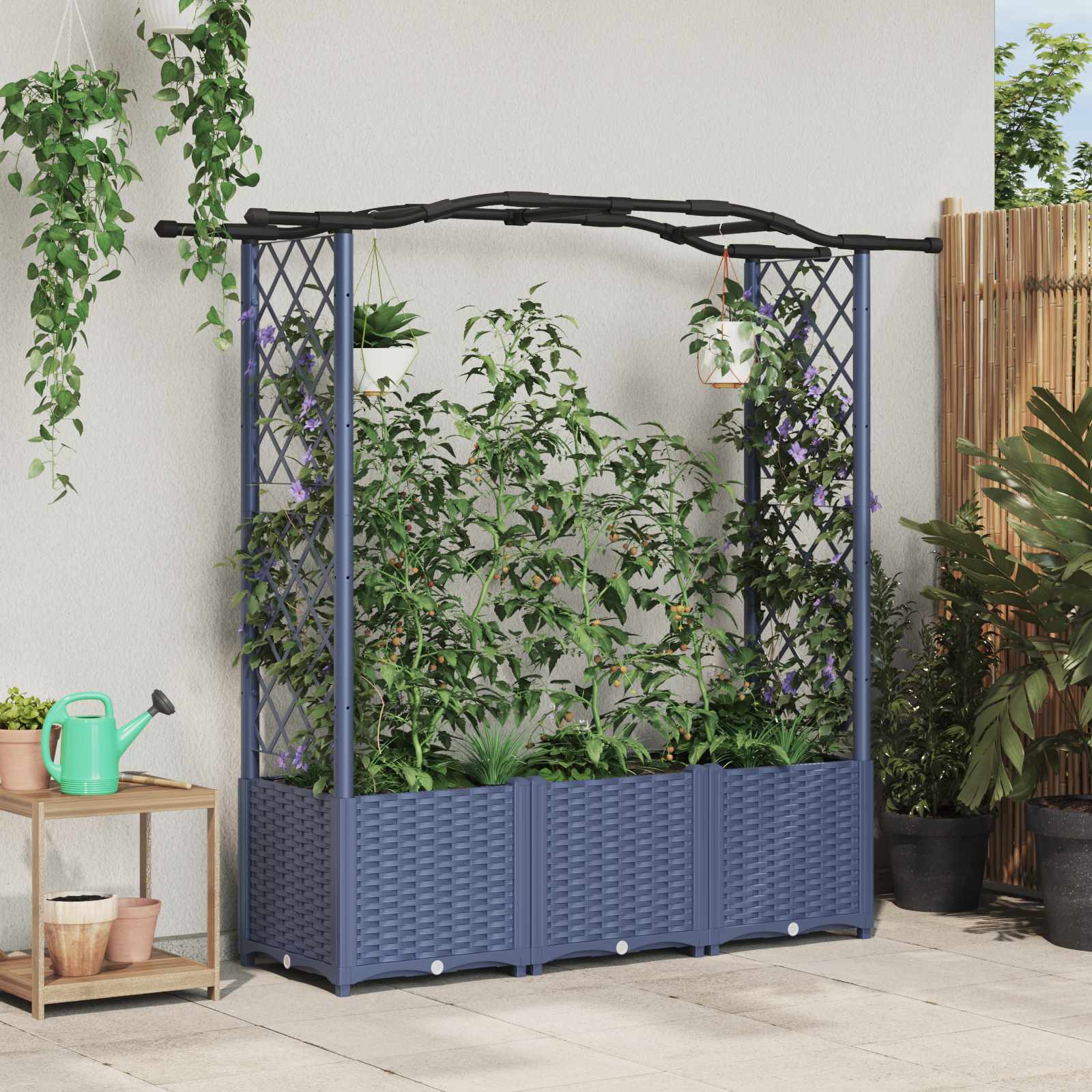 Verhoogd Bed met Trellis en Dak Grijs 164 x 40 x 138 cm PP