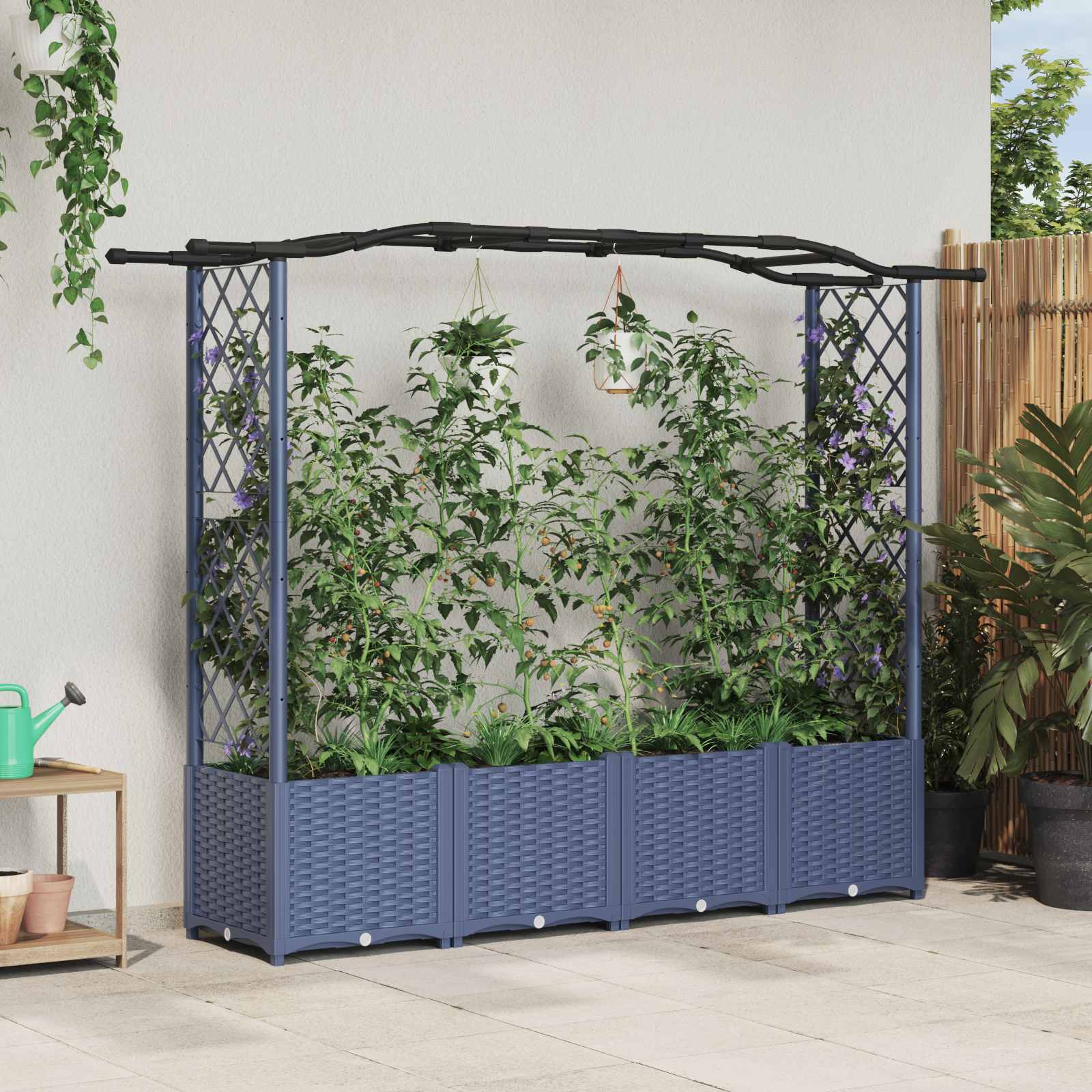 Verhoogd Bed met Trellis en Dak Grijs 204 x 40 x 138 cm PP – afbeelding 1