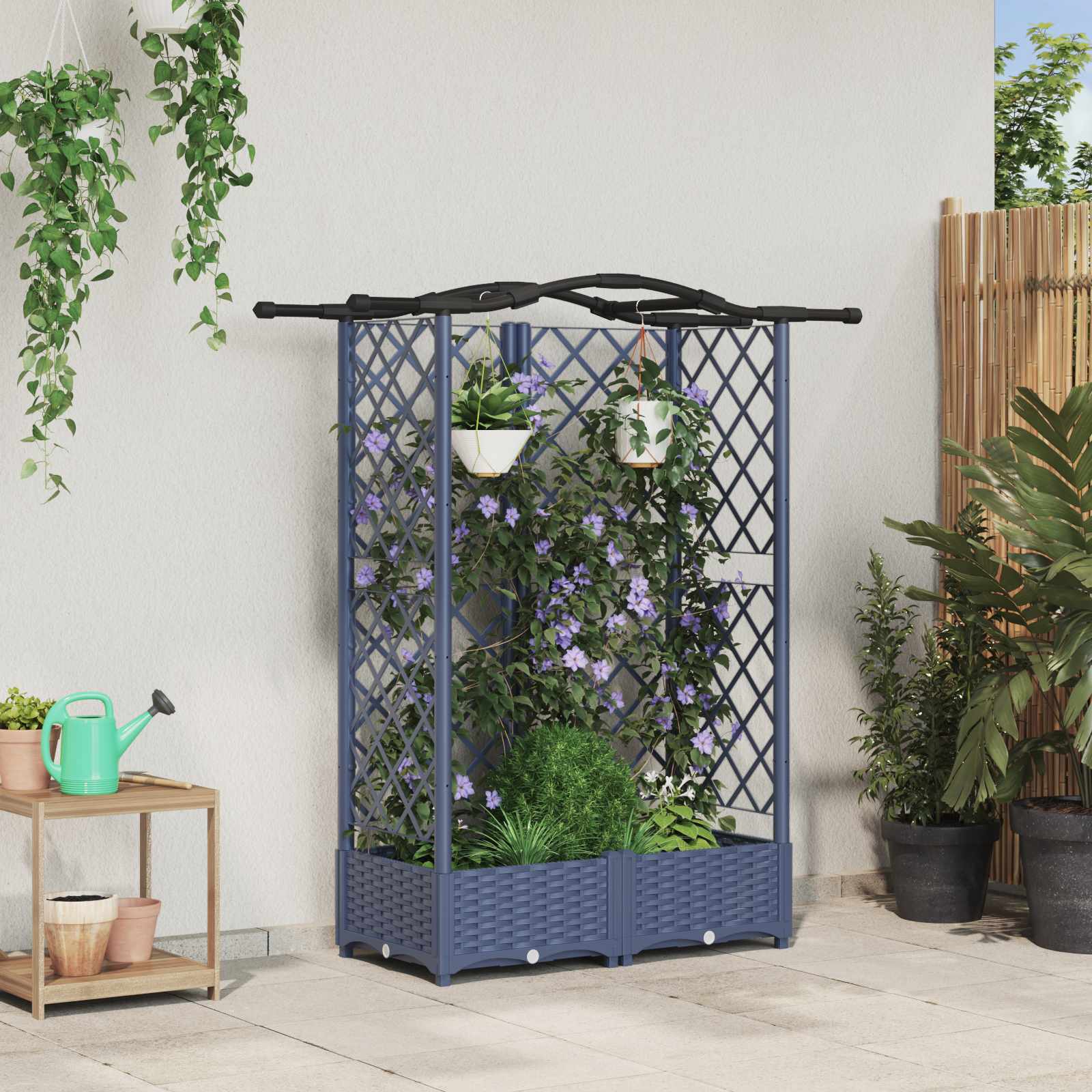 Verhoogd Bed met Trellis en Dak Grijs 124 x 40 x 126 cm PP