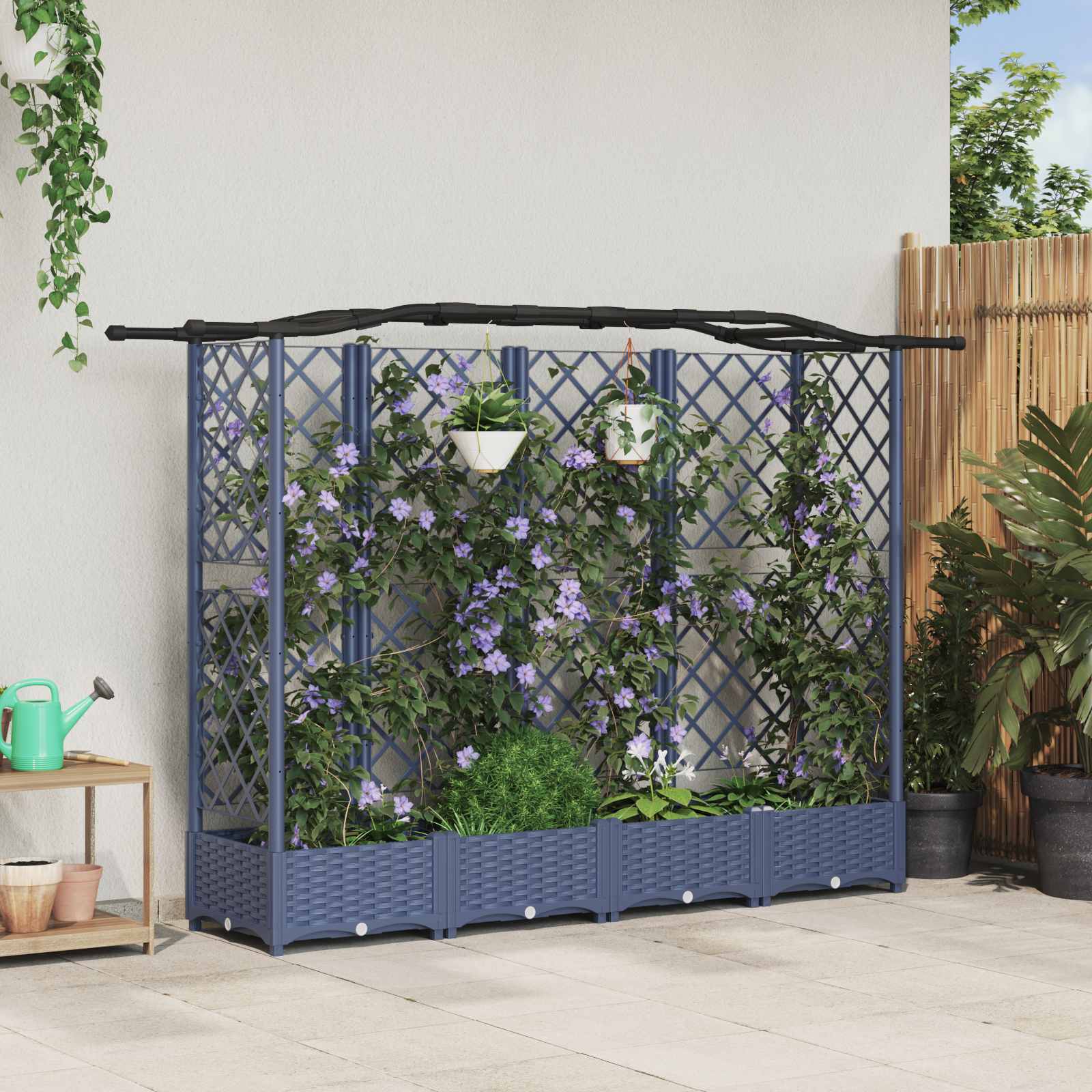 Verhoogd Bed met Trellis en Dak Grijs 203,5 x 40 x 125 cm PP – afbeelding 1