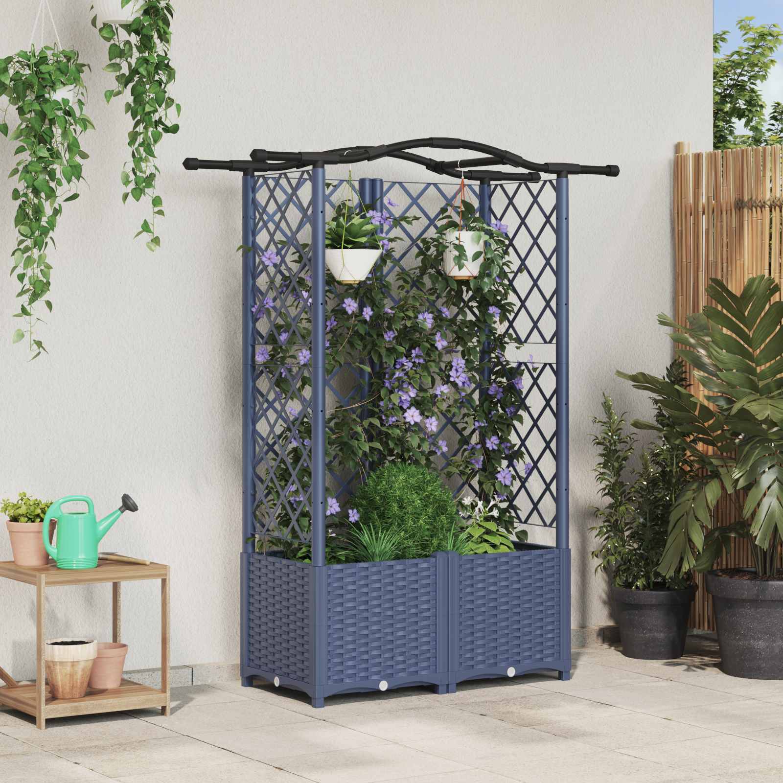 Verhoogd Bed met Trellis en Dak Grijs 122 x 40 x 141 cm PP