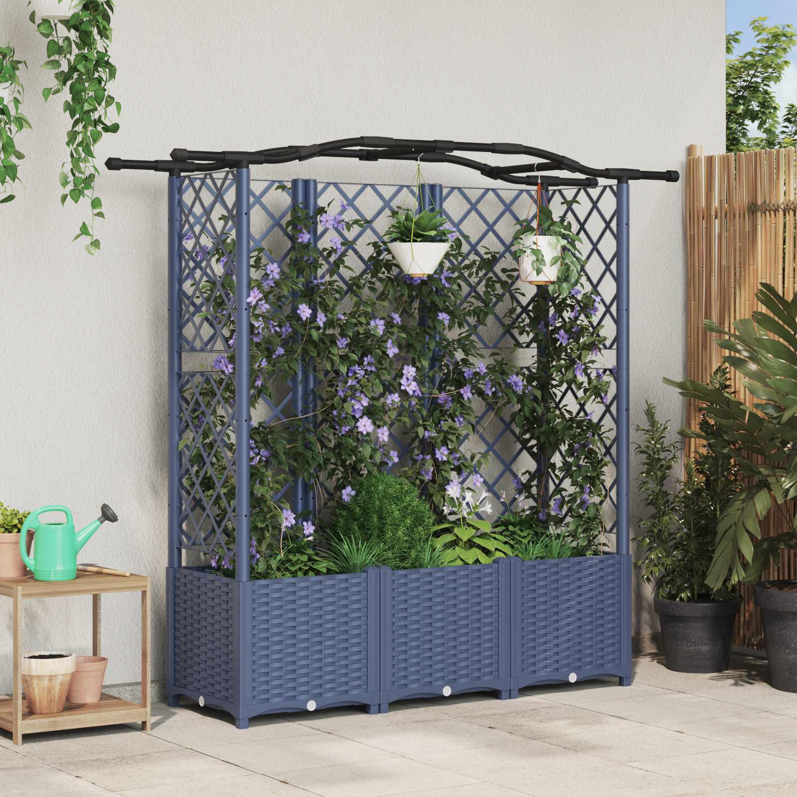 Verhoogd Bed met Trellis en Dak Grijs 163 x 40 x 141 cm PP