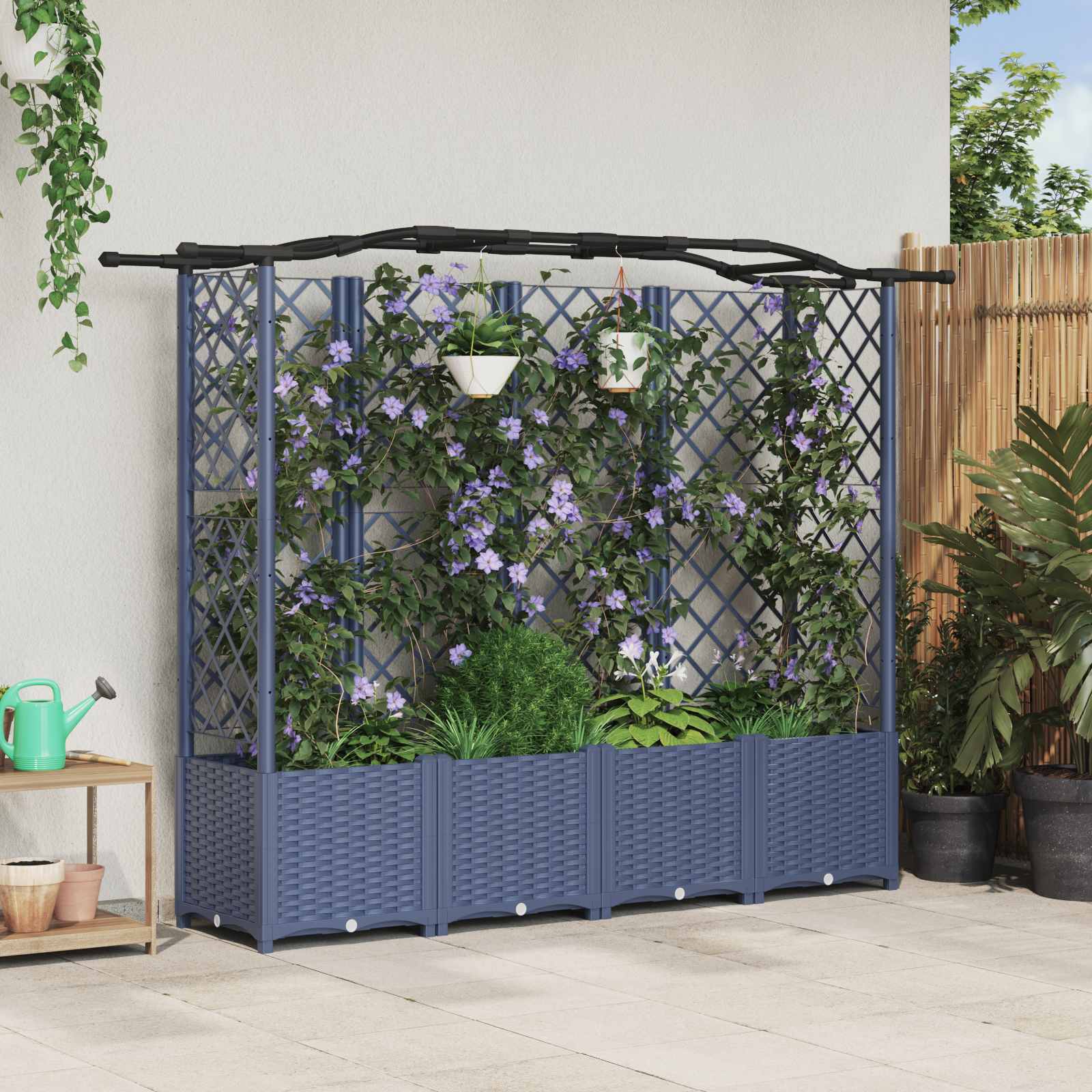 Verhoogd Bed met Trellis en Dak Grijs 204 x 40 x 141 cm PP