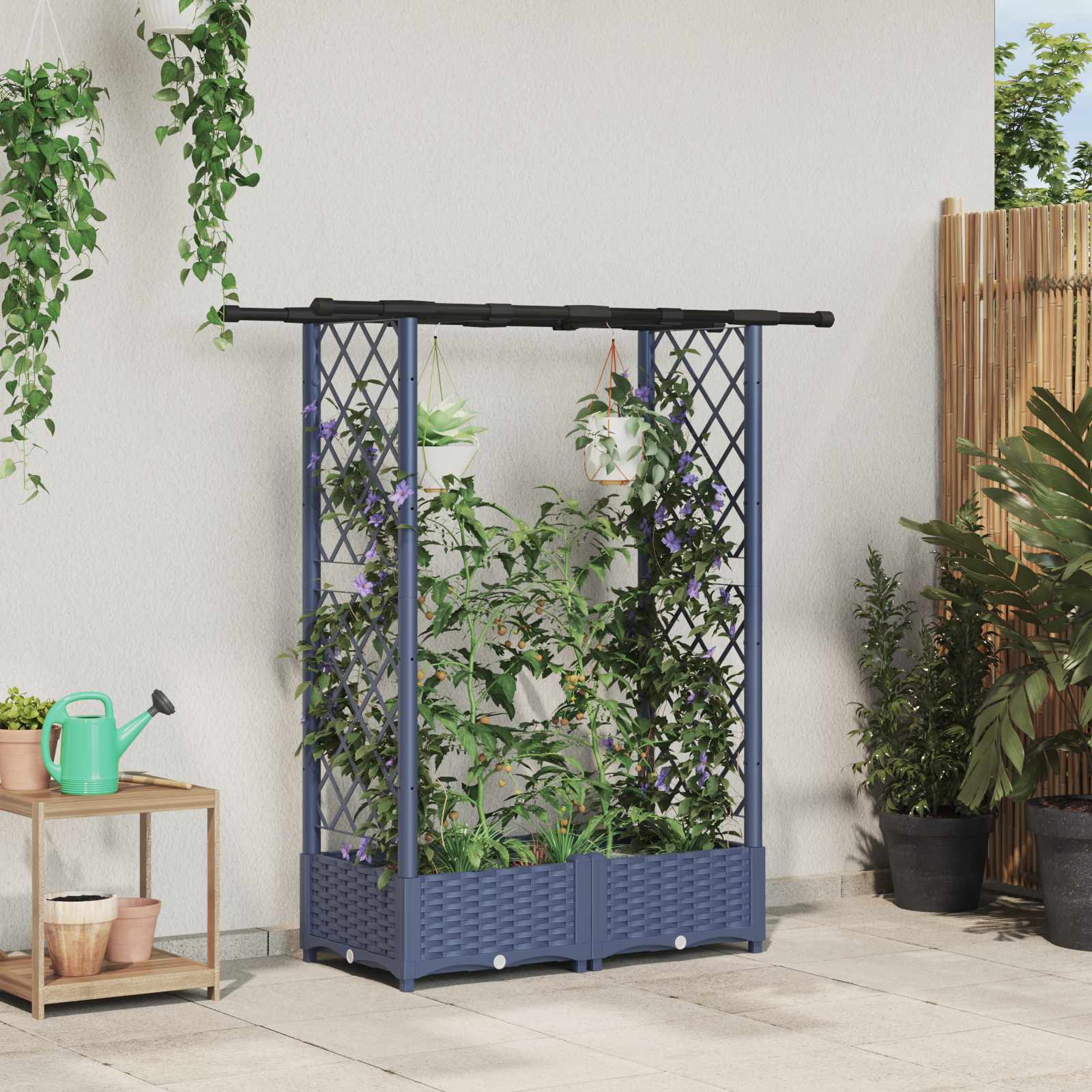 Verhoogd Bed met Trellis en Dak Grijs 122,5 x 40 x 121 cm PP