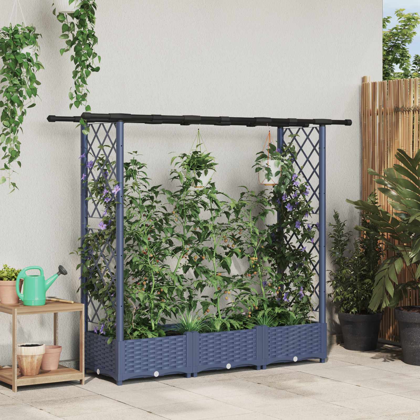 Verhoogd Bed met Trellis en Dak Grijs 164 x 40 x 121 cm PP – afbeelding 1