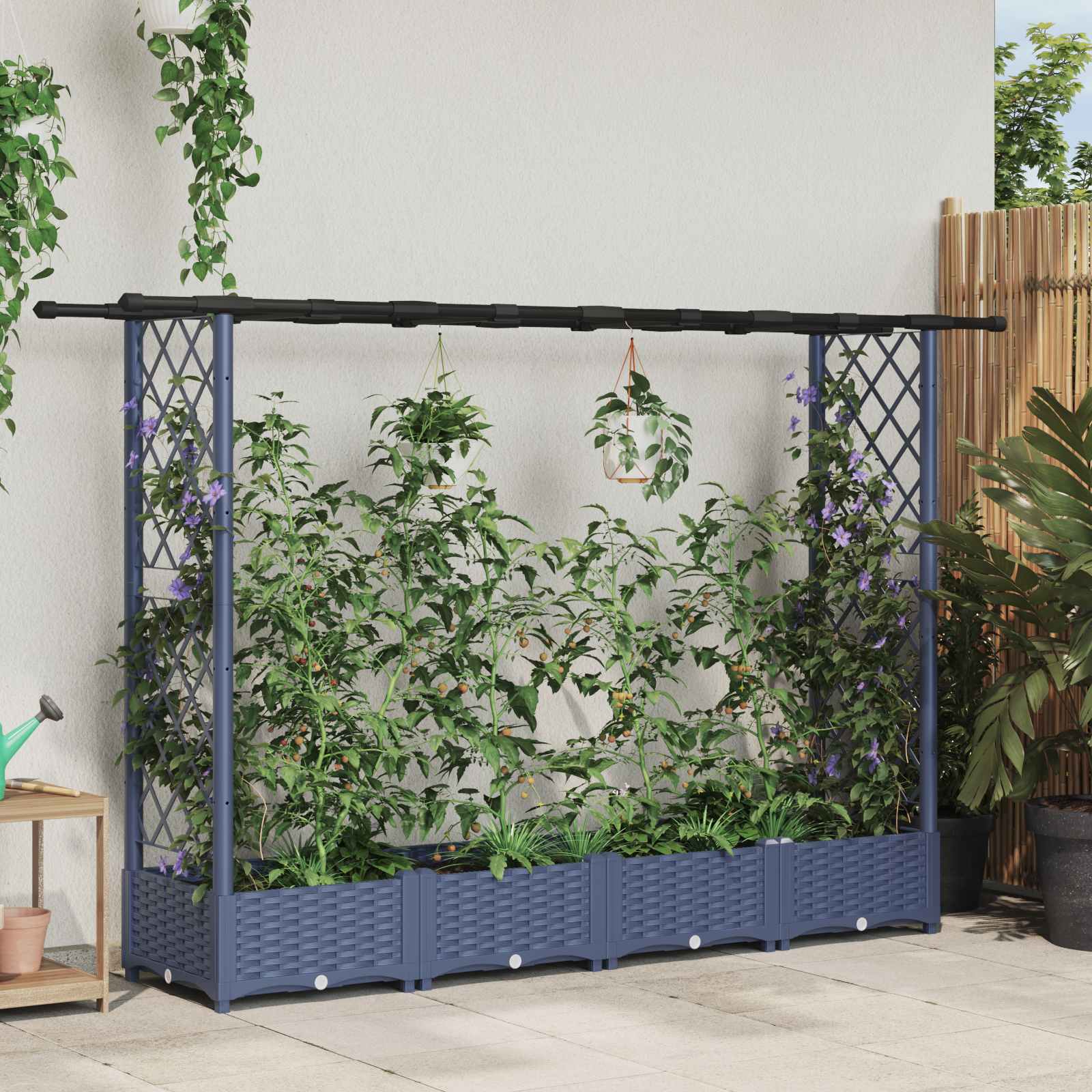 Verhoogd Bed met Trellis en Dak Grijs 203 x 40 x 121 cm PP