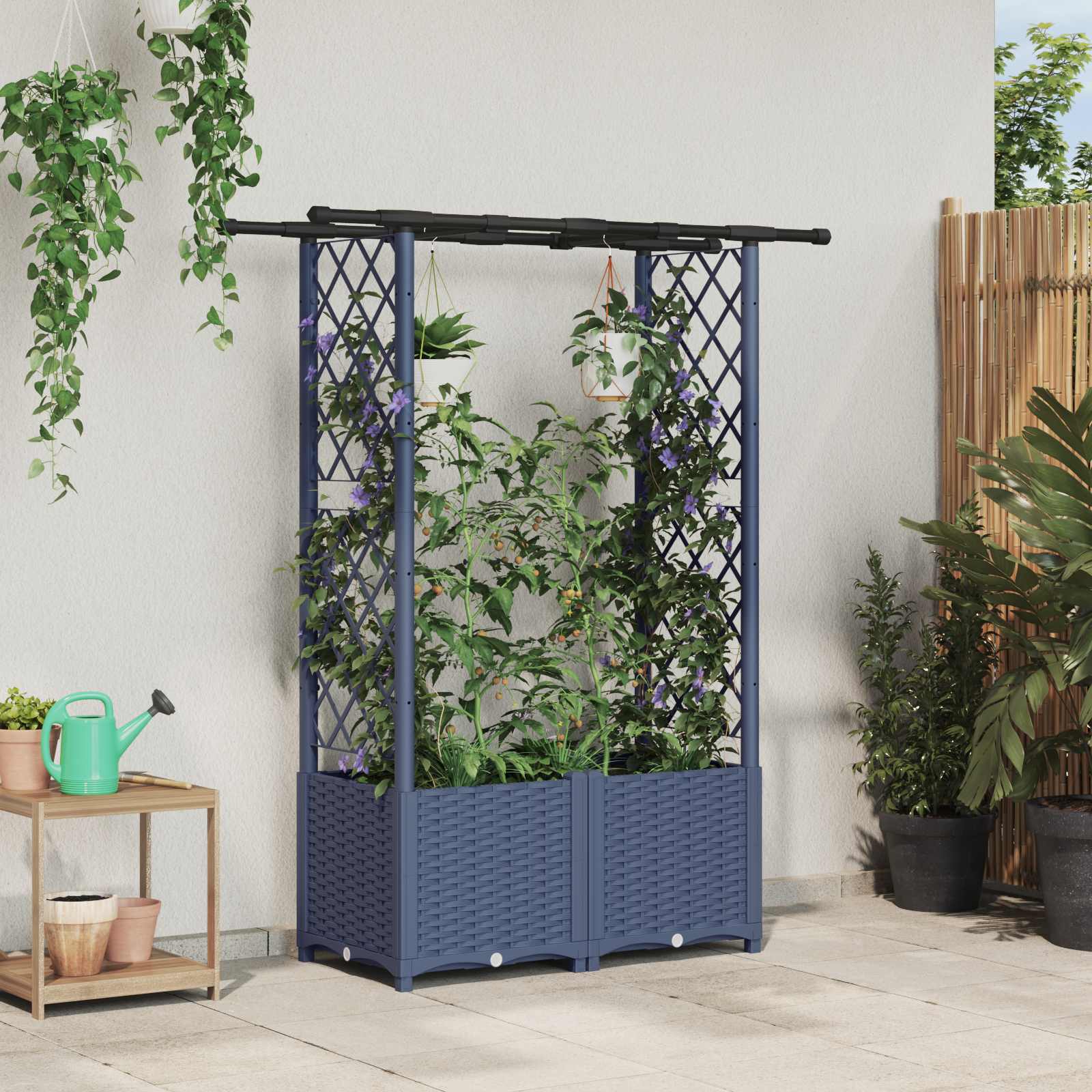 Verhoogd Bed met Trellis en Dak Grijs 124,5 x 40 x 136 cm PP