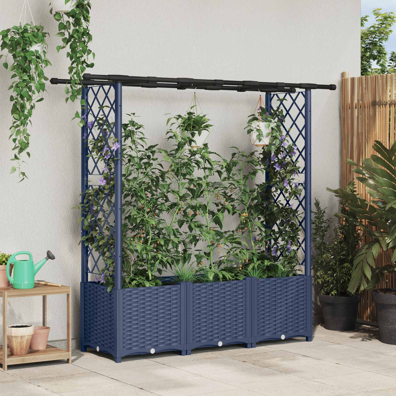 Verhoogd Bed met Trellis en Dak Grijs 162,5 x 40 x 136 cm PP