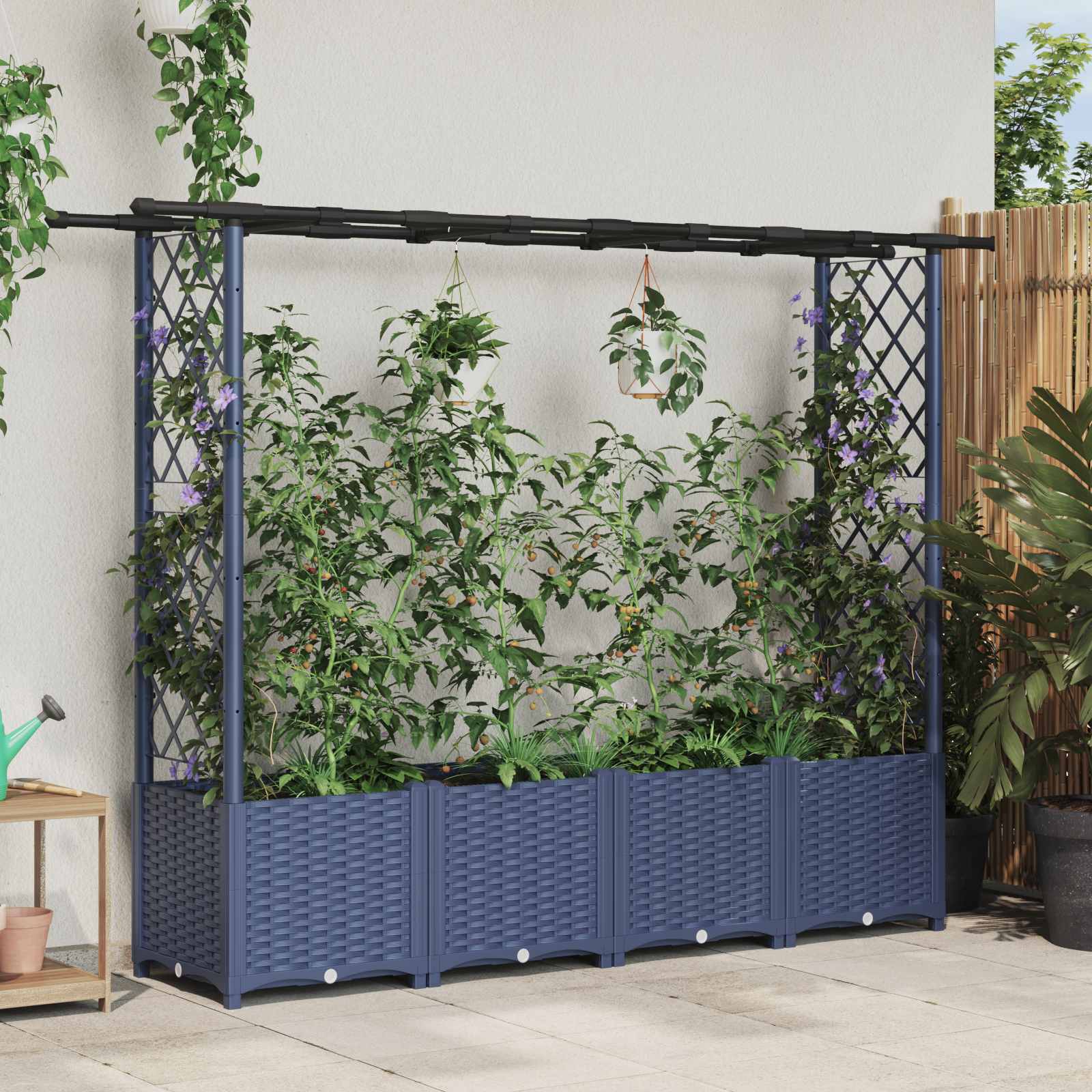 Verhoogd Bed met Trellis en Dak Grijs 203 x 40 x 136 cm PP
