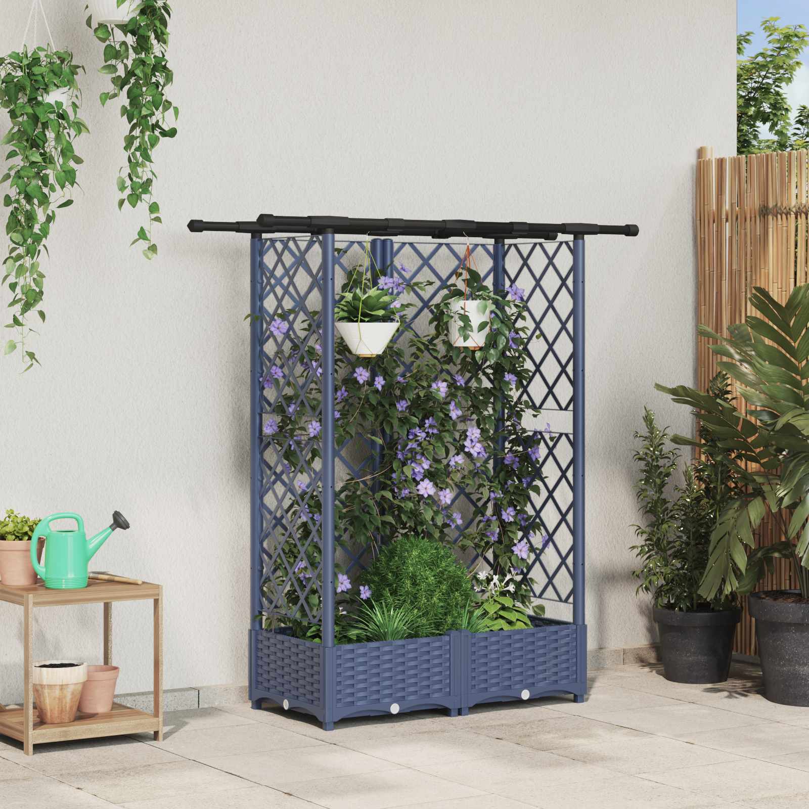 Verhoogd Bed met Trellis en Dak Grijs 124 x 40 x 121 cm PP – afbeelding 1