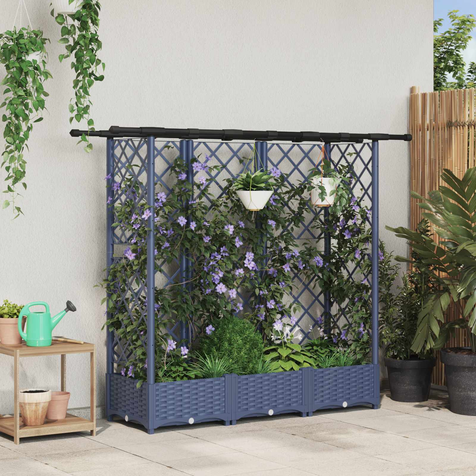 Verhoogd Bed met Trellis en Dak Grijs 164 x 40 x 121 cm PP