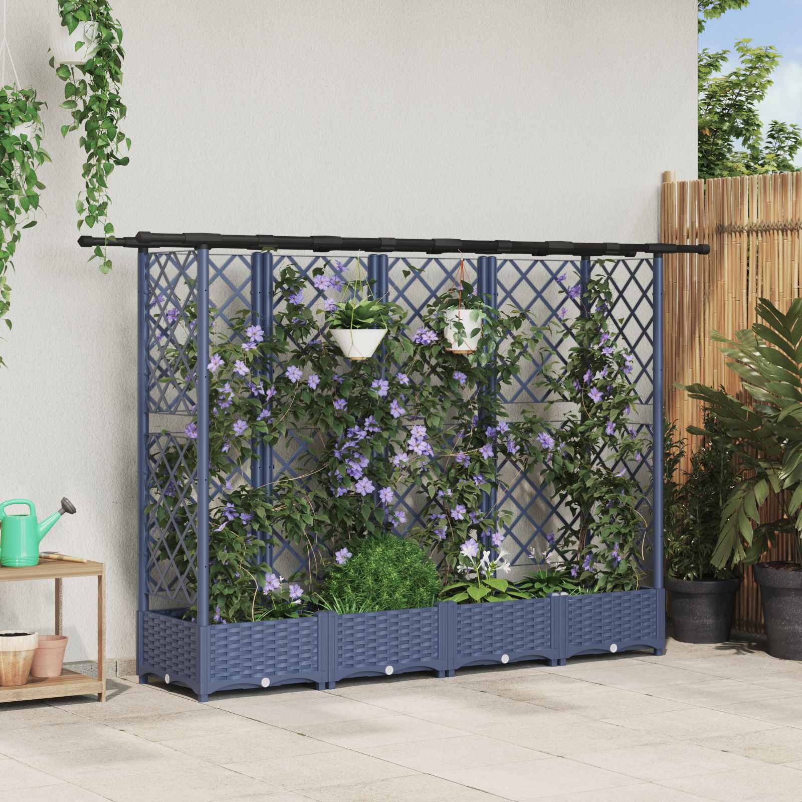 Verhoogd Bed met Trellis en Dak Grijs 202,5 x 40 x 121 cm PP