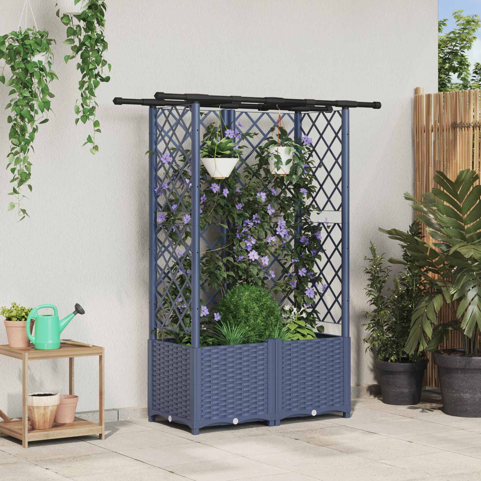 Verhoogd Bed met Trellis en Dak Grijs 124 x 40 x 136 cm PP
