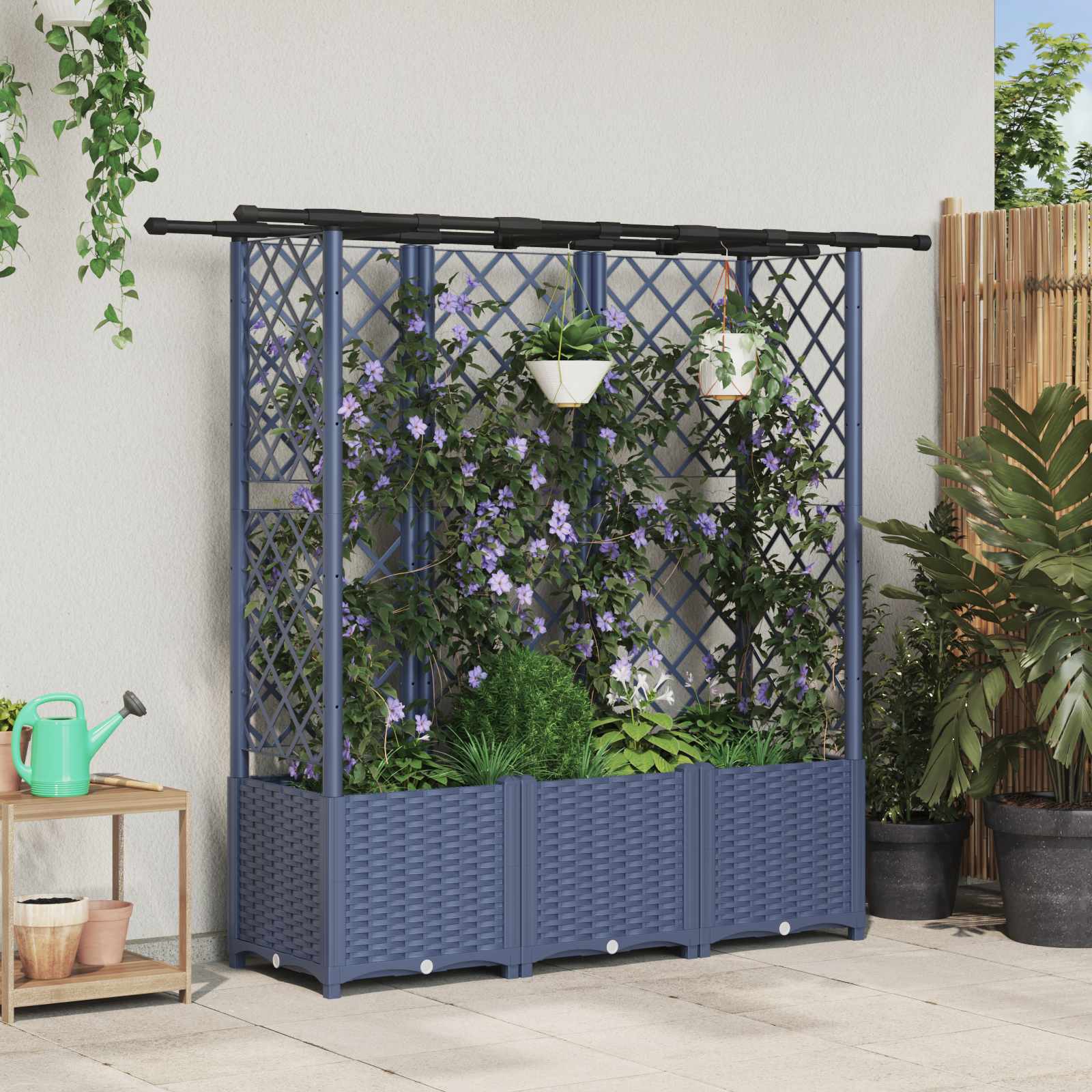 Verhoogd Bed met Trellis en Dak Grijs 163,5 x 40 x 136 cm PP – afbeelding 1