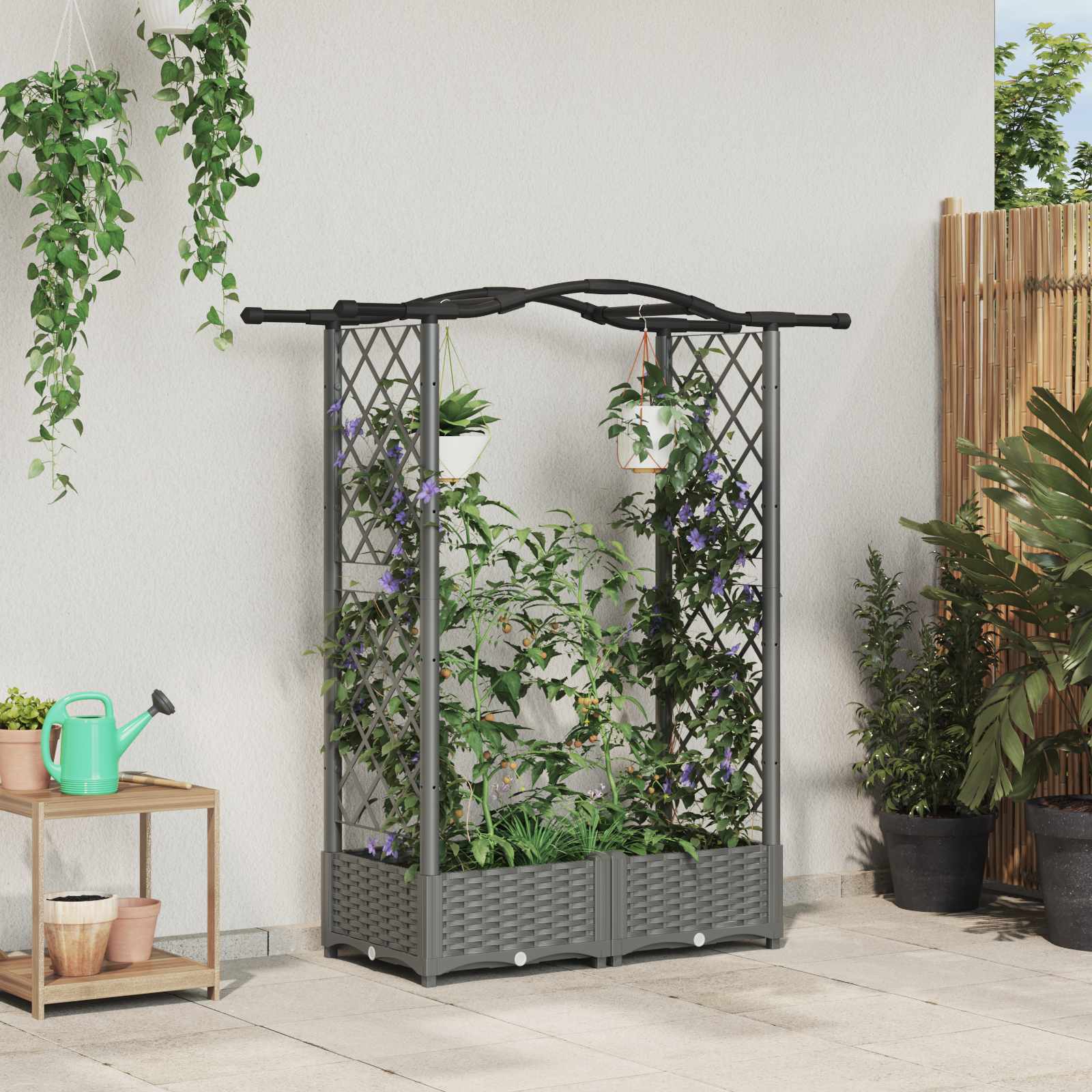 Verhoogd Bed met Trellis en Dak Lichtgrijs 124 x 40 x 123 cm PP