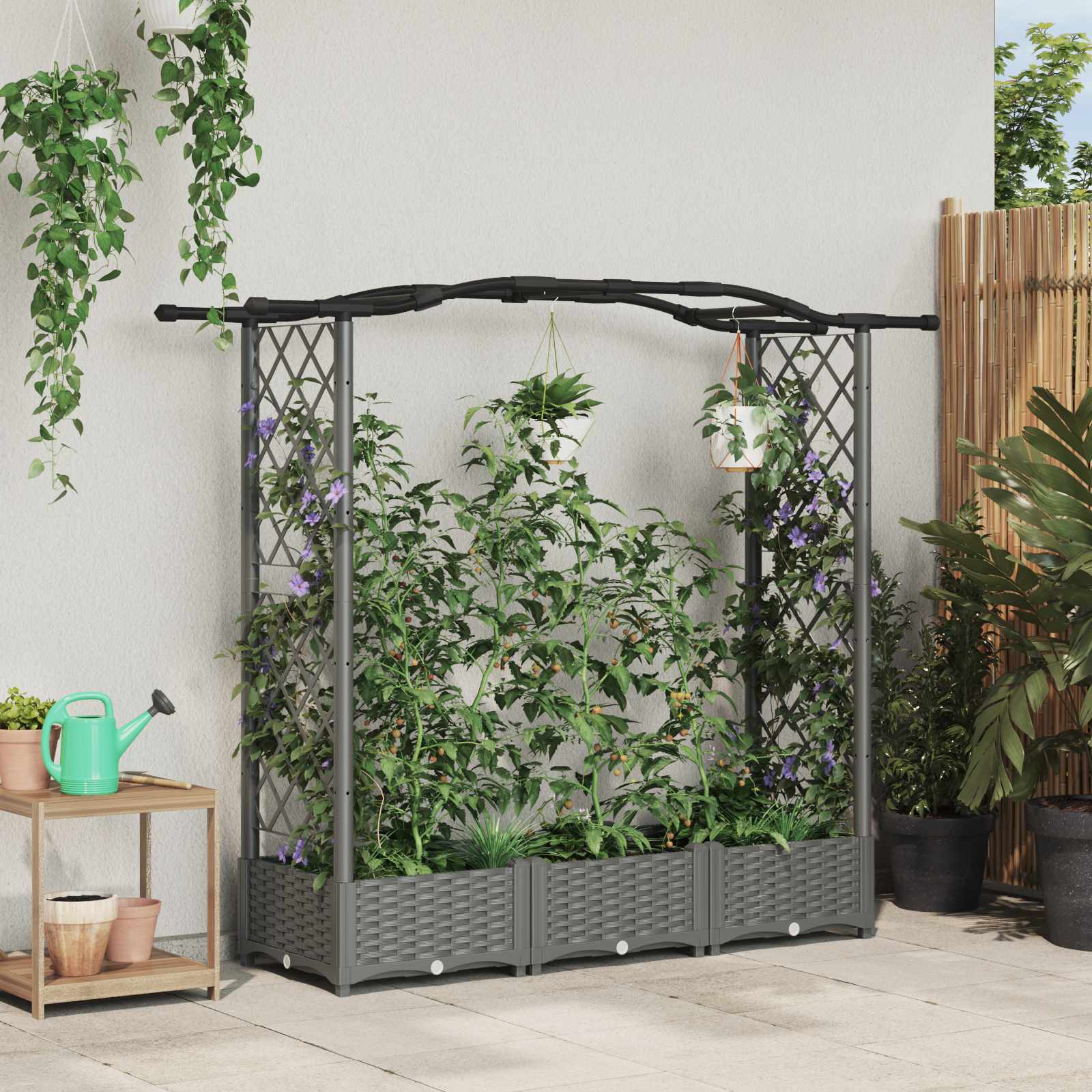 Verhoogd Bed met Trellis en Dak Lichtgrijs 169 x 40 x 123 cm PP