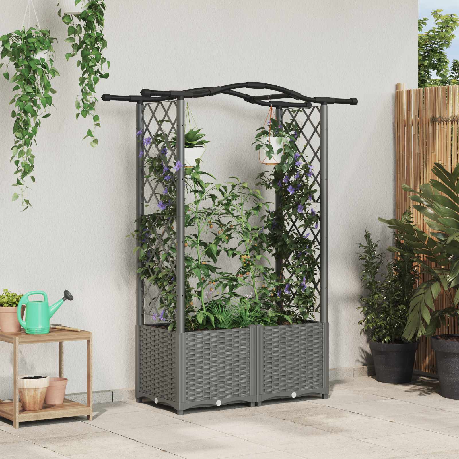 Verhoogd Bed met Trellis en Dak Lichtgrijs 125 x 40 x 138 cm PP